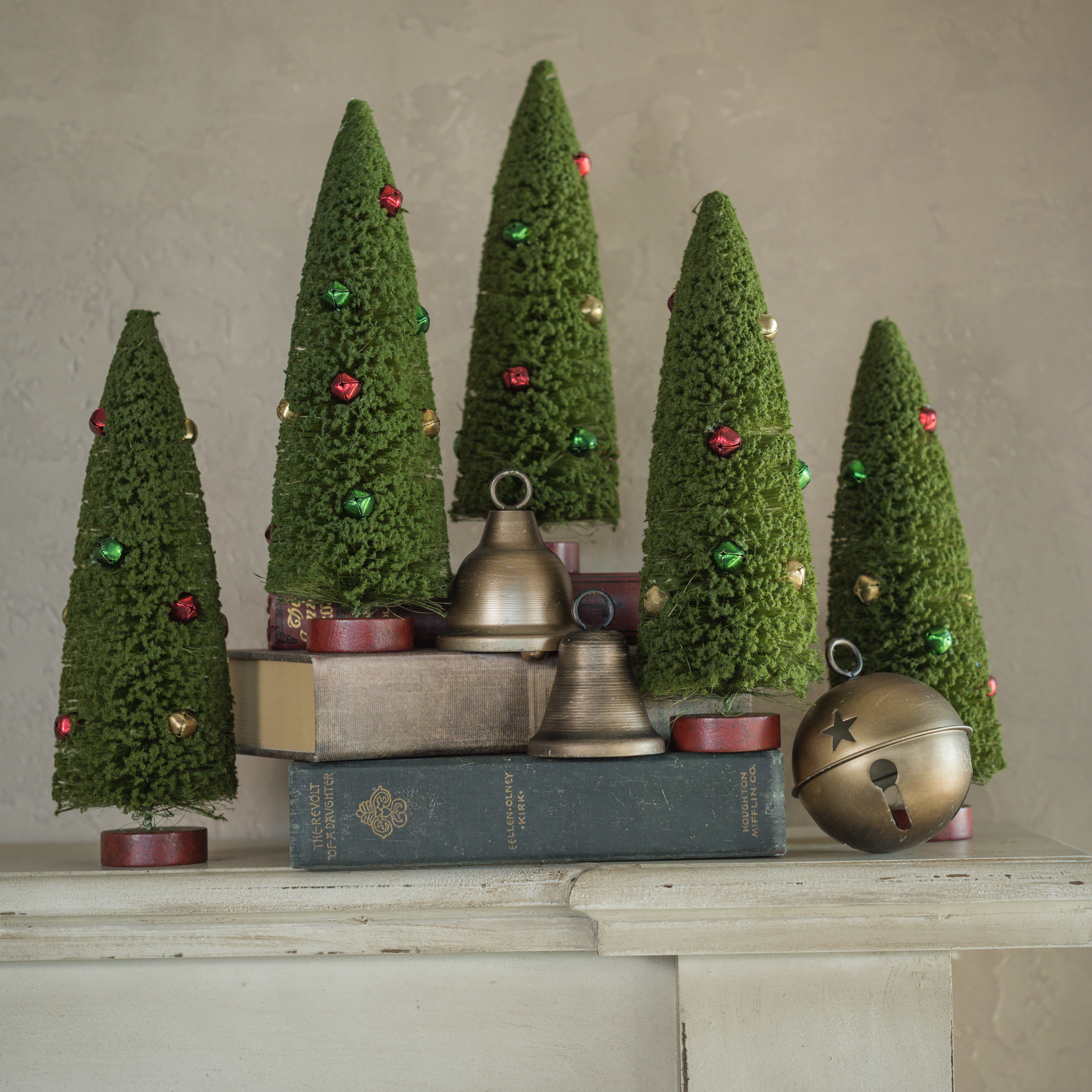 SET/ 5 - 10" GREEN BOTTLEBRUSH TREES W/ JINGLE BELLS