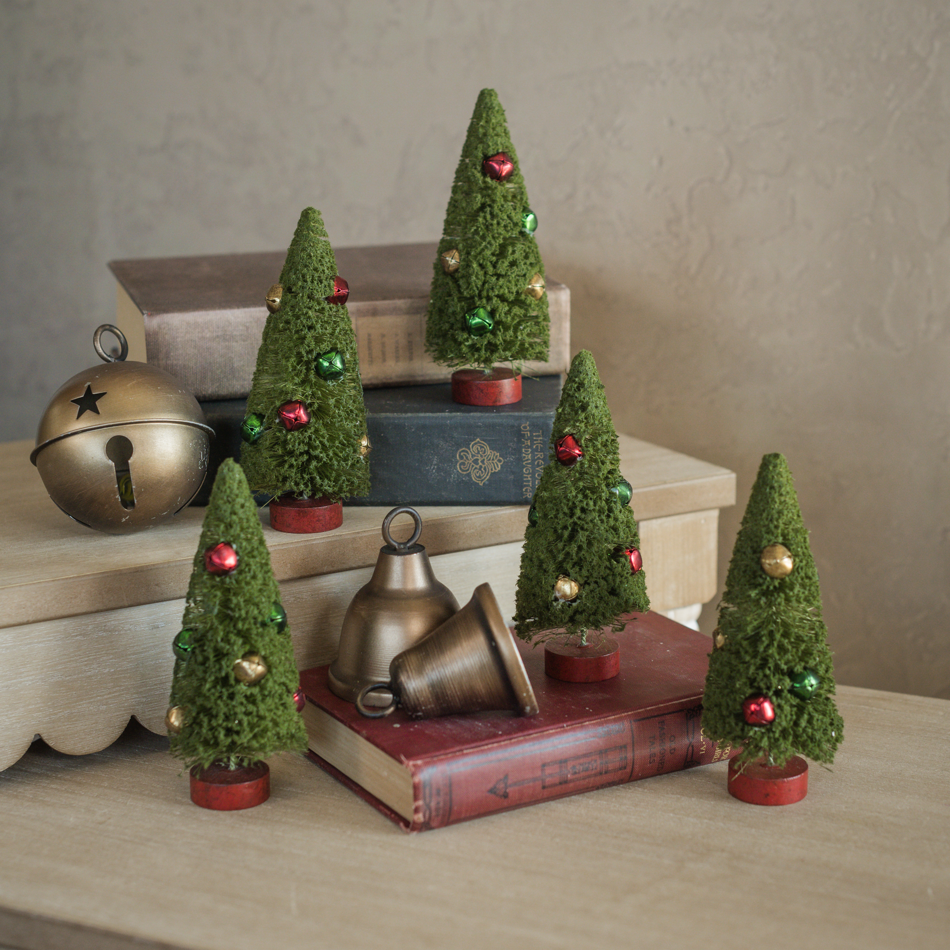 SET/ 5 - 6" GREEN BOTTLEBRUSH TREES W/ JINGLE BELLS