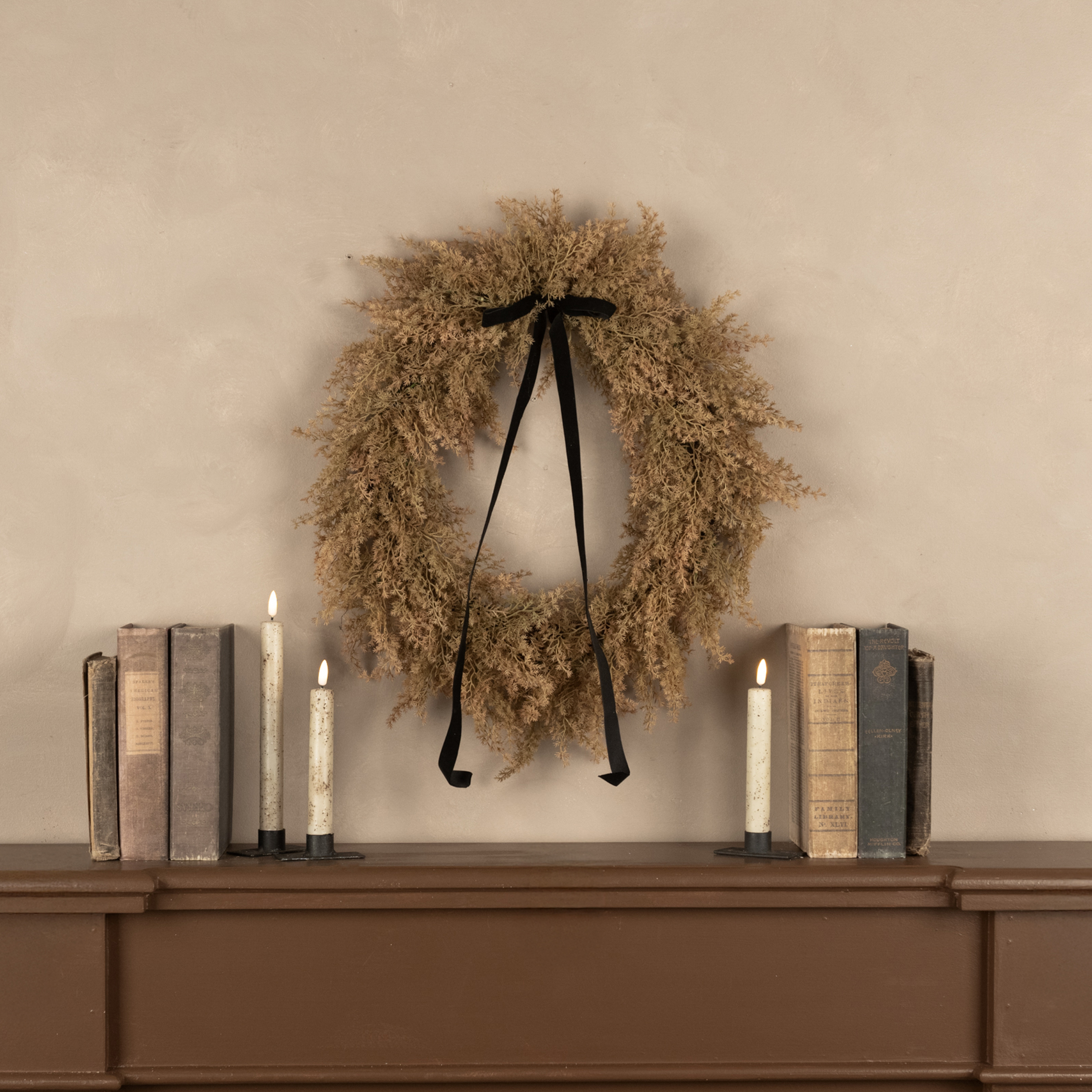 22" TAN MINI MONTEREY CYPRESS WREATH W/ BLACK VELVET BOW