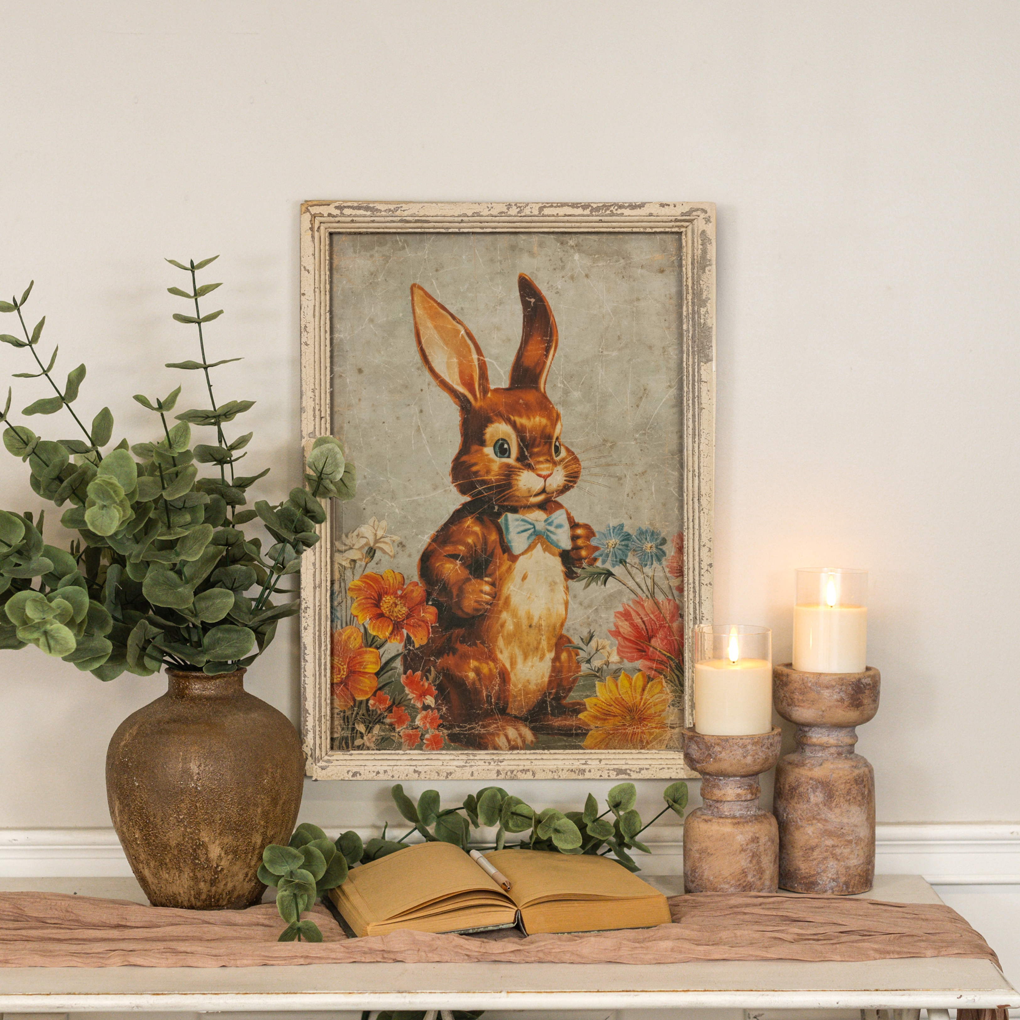FRAMED BROWN BUNNY W/ BOW TIE PRINT