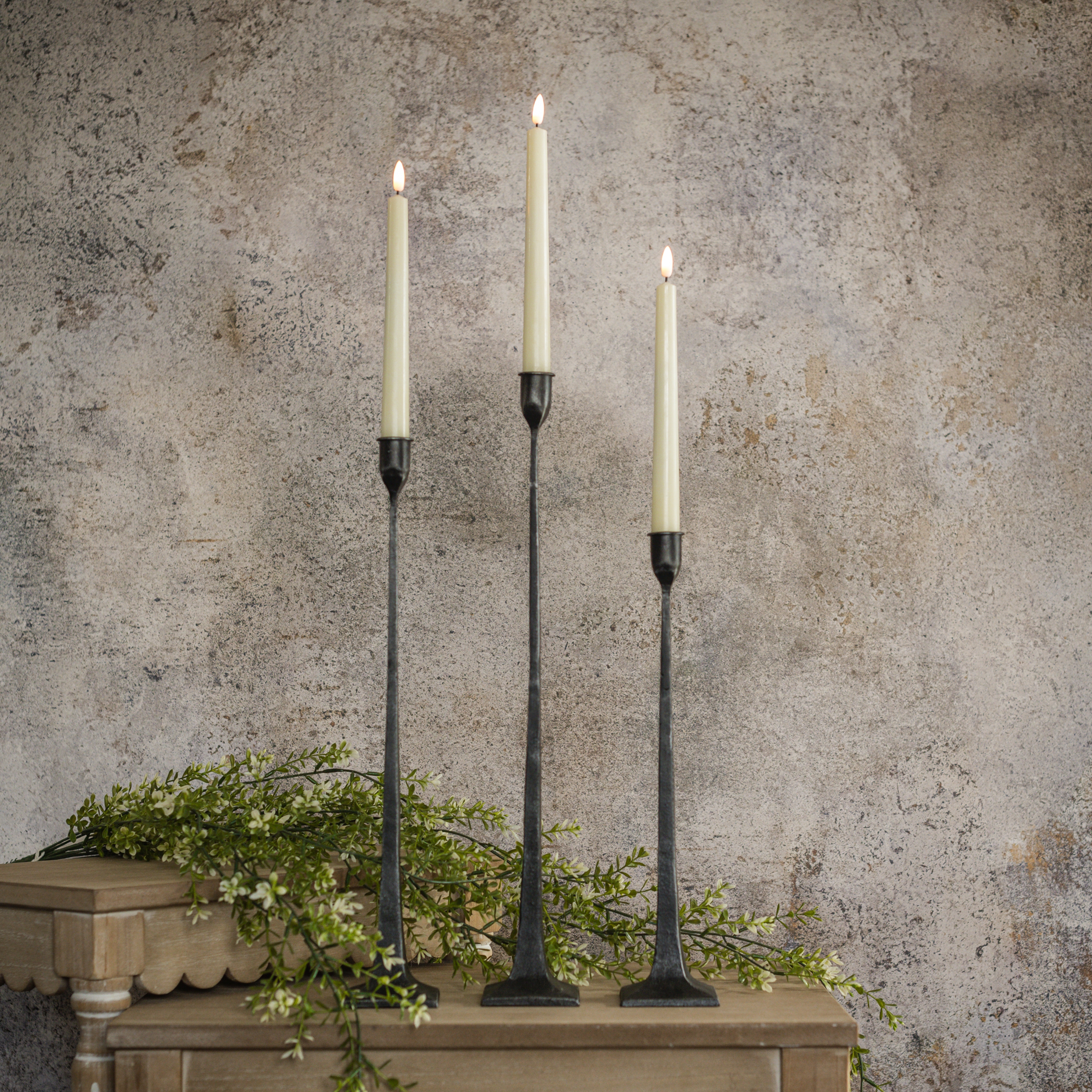 SET/ 3 FORGED BLACK TAPER CANDLESTICKS