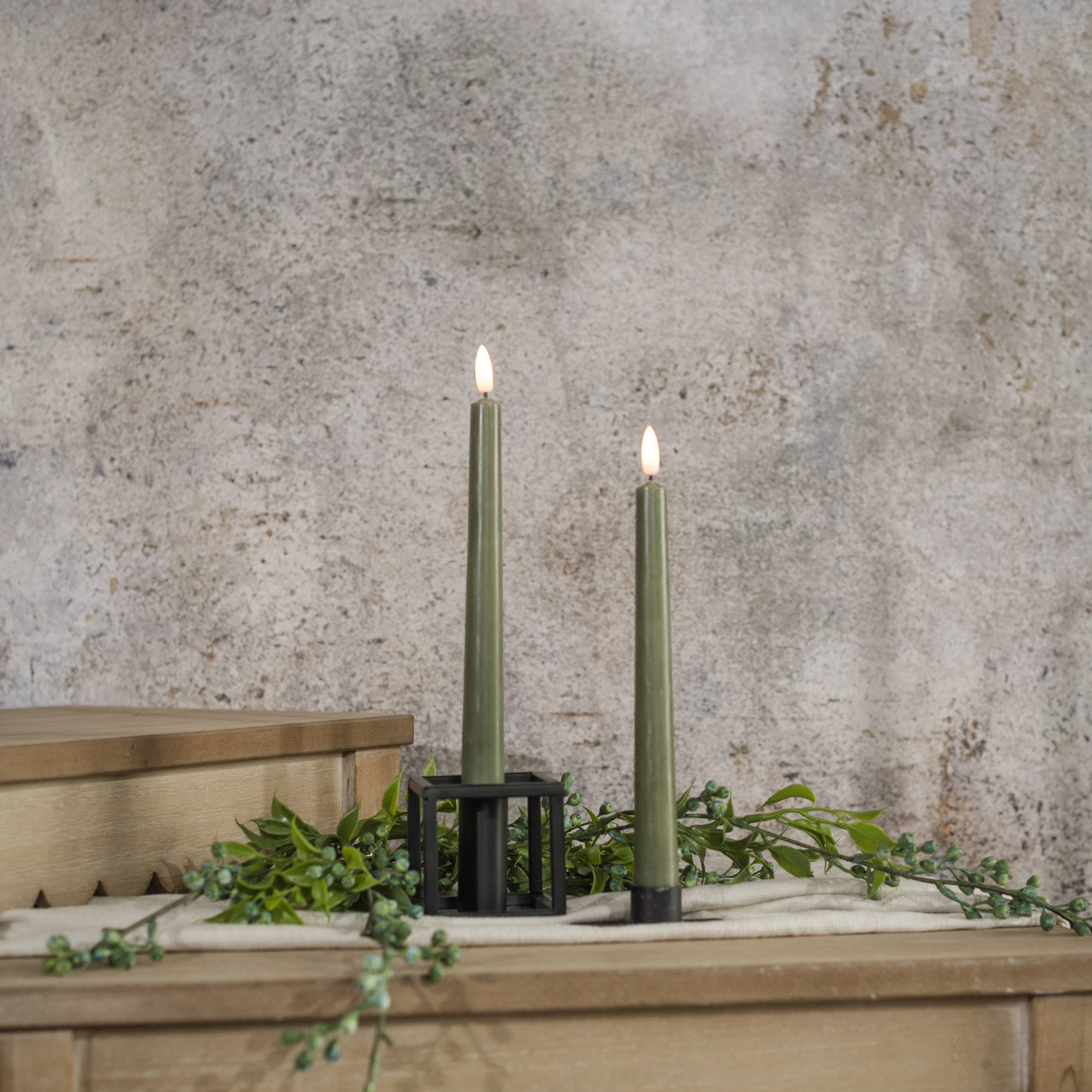 SET/ 2 - 9.5" 3D FLAME DROP DARK GREEN TAPER CANDLE