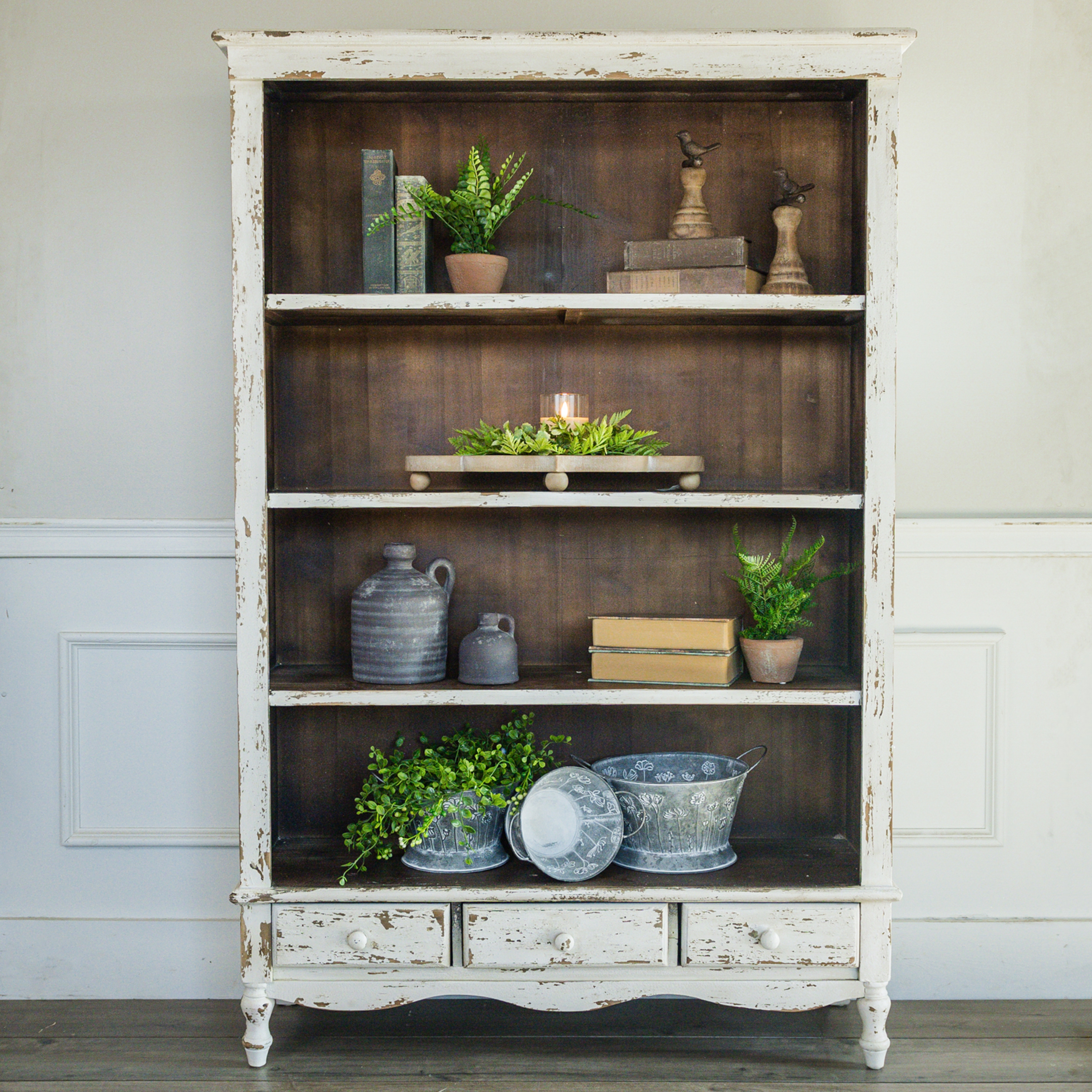 DISTRESSED WHITE LIBRARY BOOKCASE*