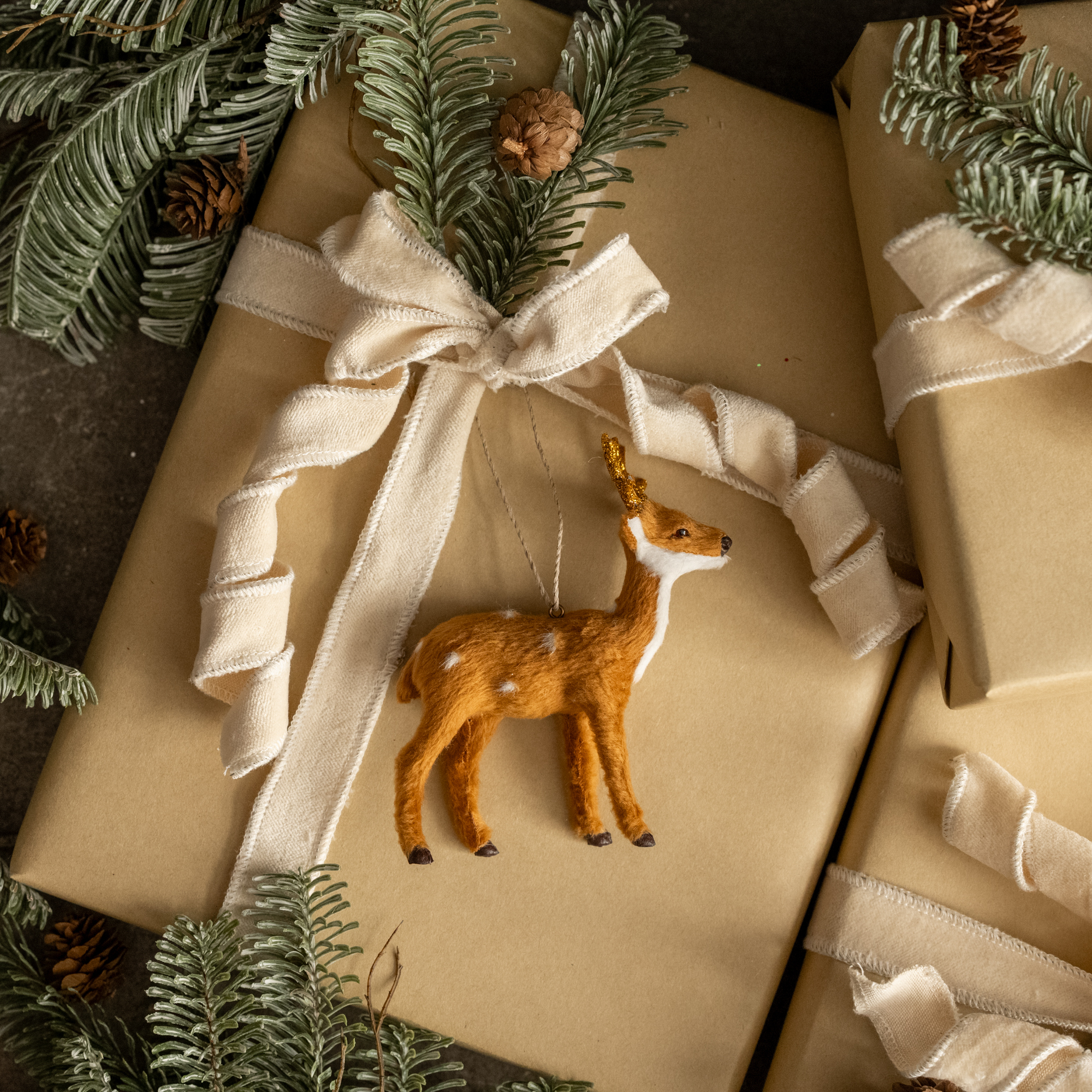 FUR DEER W/ GOLD GLITTERED ANTLERS ORNAMENT