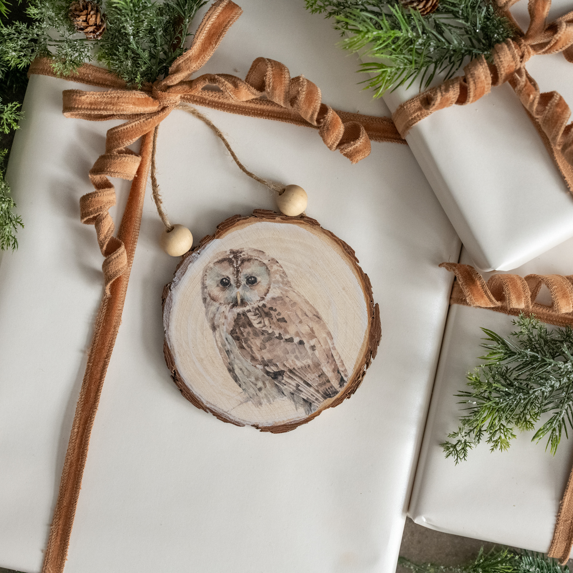 OWL ON WOOD SLICE ORNAMENT
