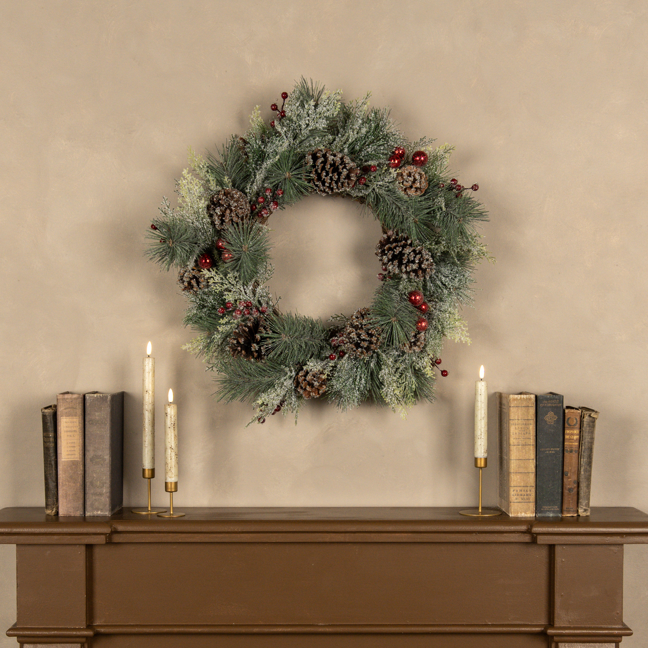 24" FROSTED PINE & CEDAR W/ BERRIES, ORNAMENTS & PINECONE WREATH