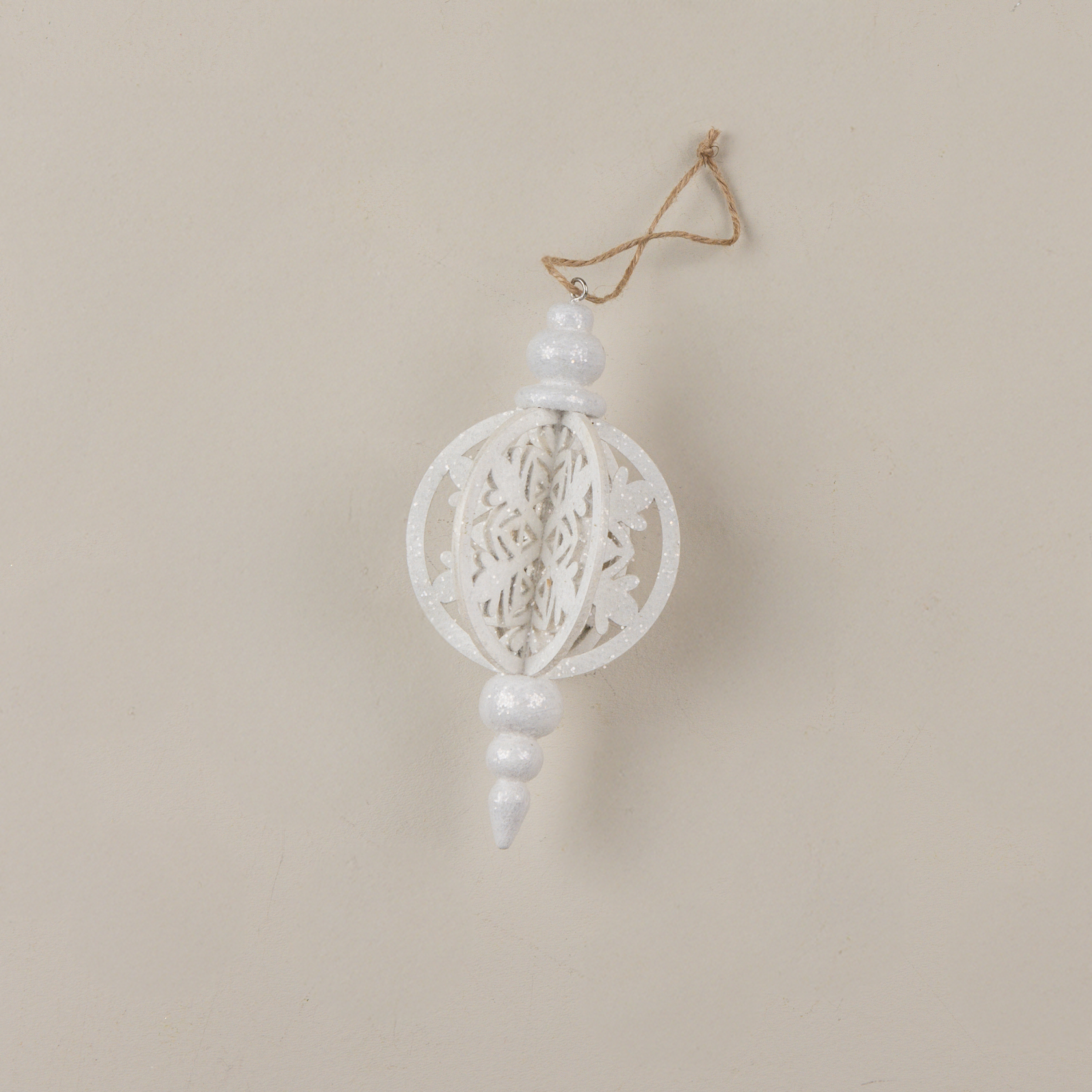6.5" WHITE GLITTERED HANGING ORNAMENT