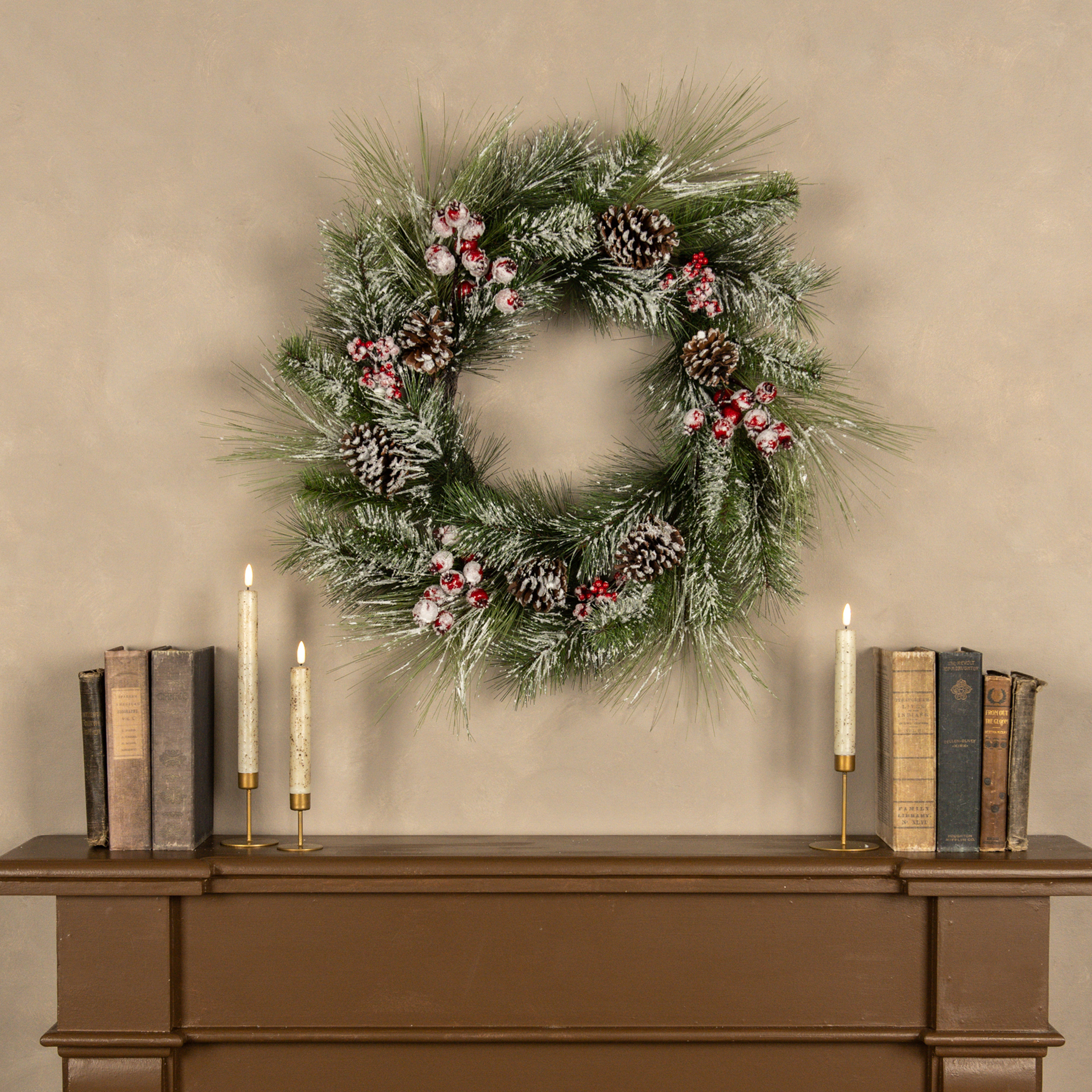 24" FROSTED PINE, BERRIES & PINECONES WREATH