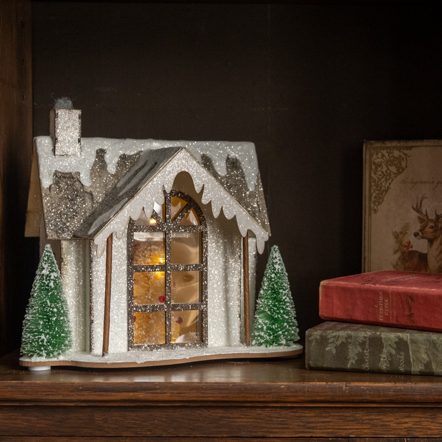 9.5" LIGHTED WOOD SNOWY HOLIDAY HOUSE