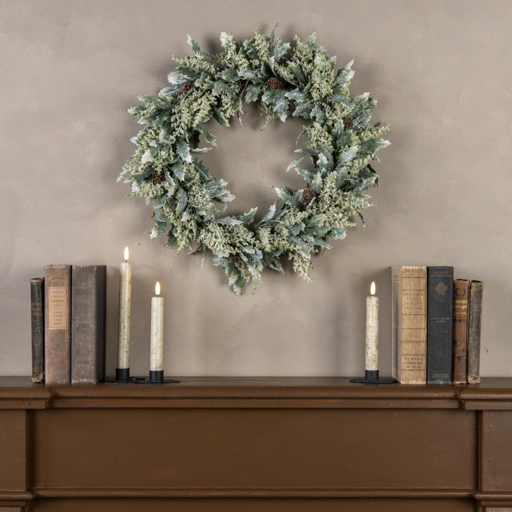20" FROSTED HOLLY W/ PINECONES WREATH