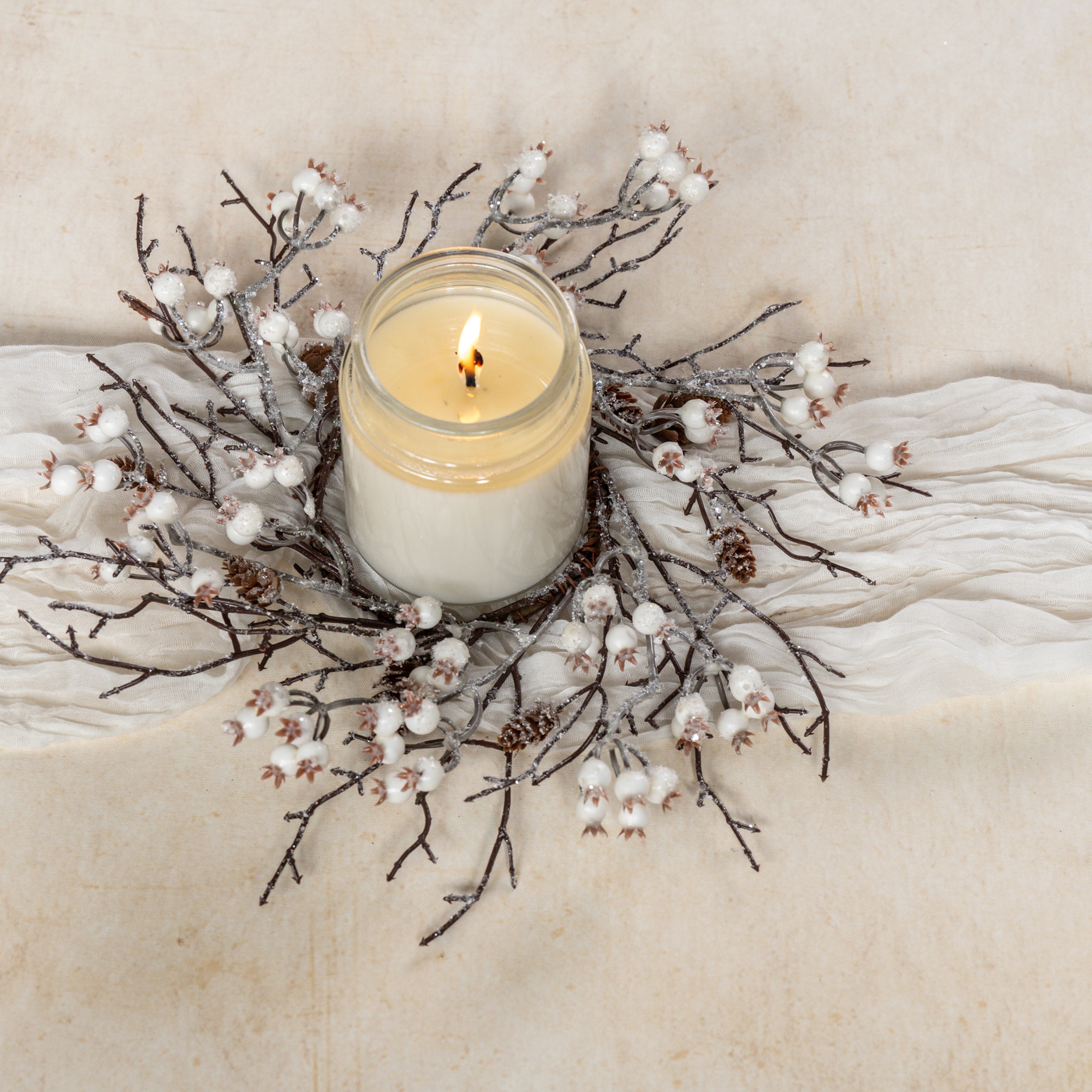 14" ICED TWIG & WHITE BERRY CANDLE RING