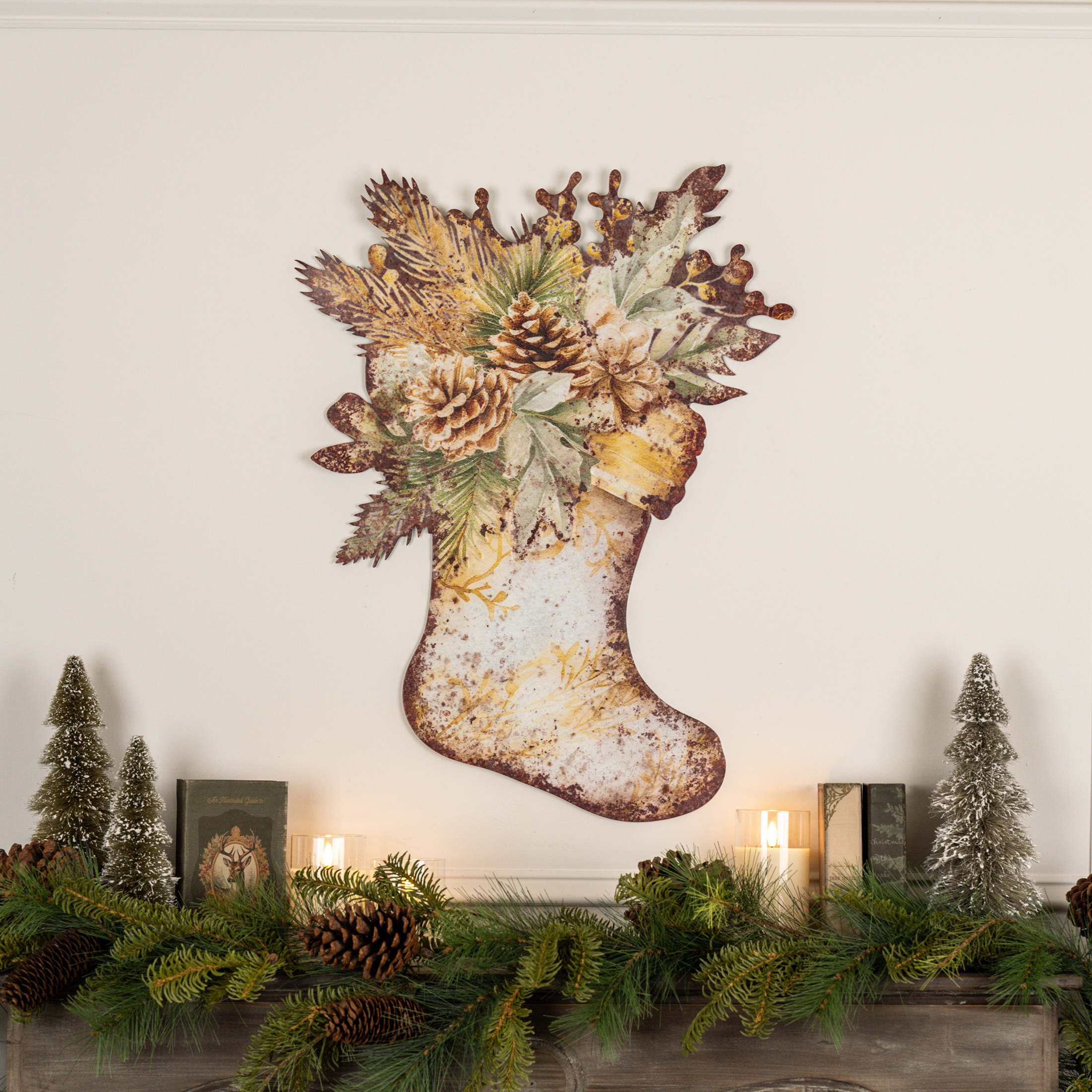 CREAM STOCKING W/ FOREST GREENERY METAL WALL PLAQUE