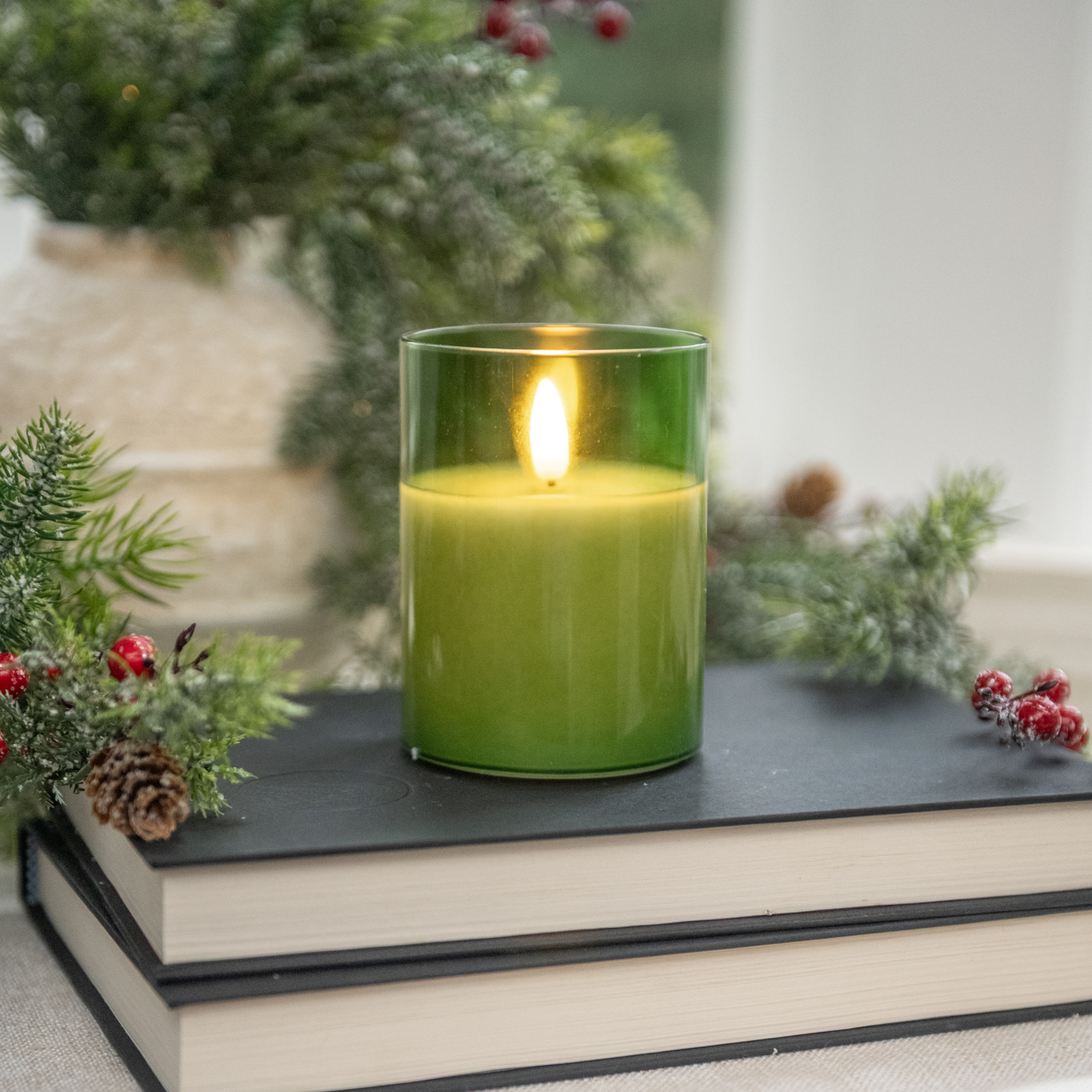 4" PINE GREEN GLASS 3D FLAME CANDLE
