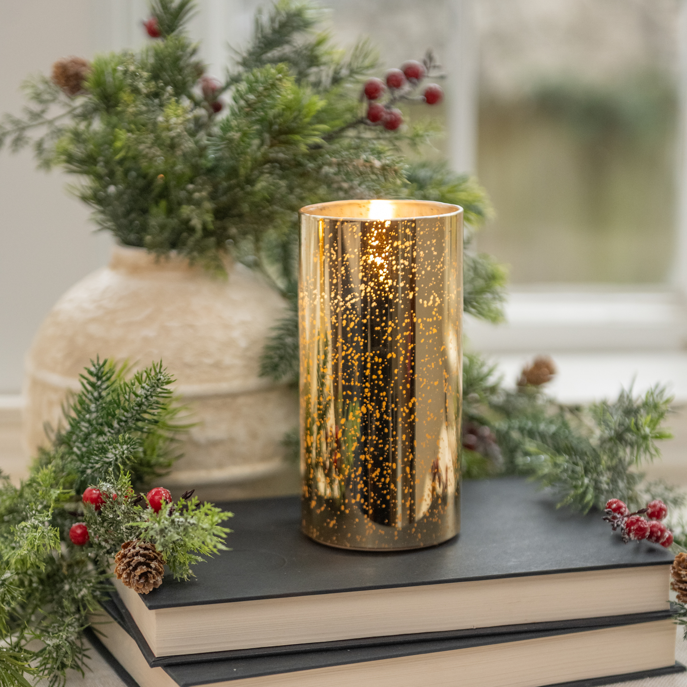 6" GOLD MERCURY GLASS 3D FLAME CANDLE