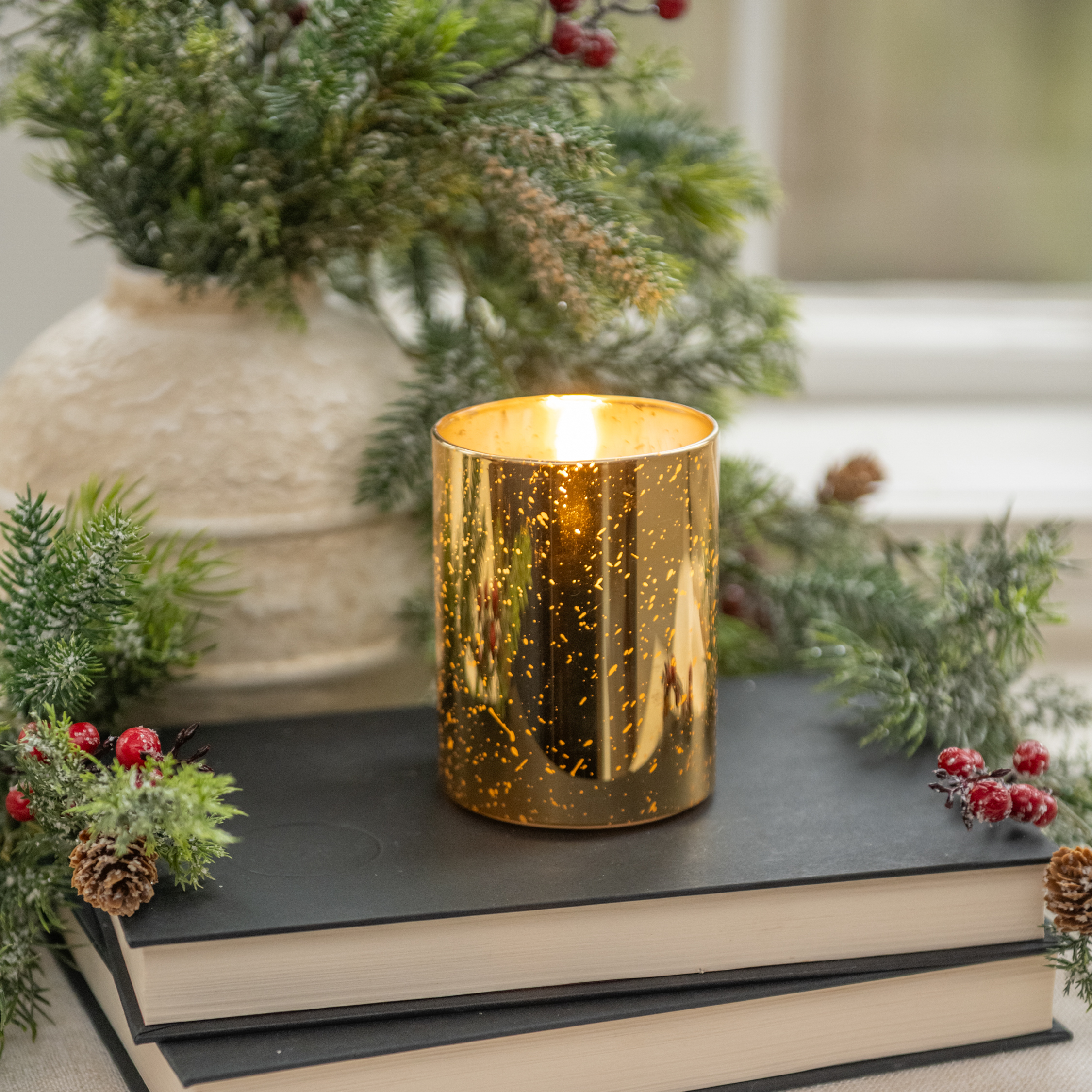 4" GOLD MERCURY GLASS 3D FLAME CANDLE