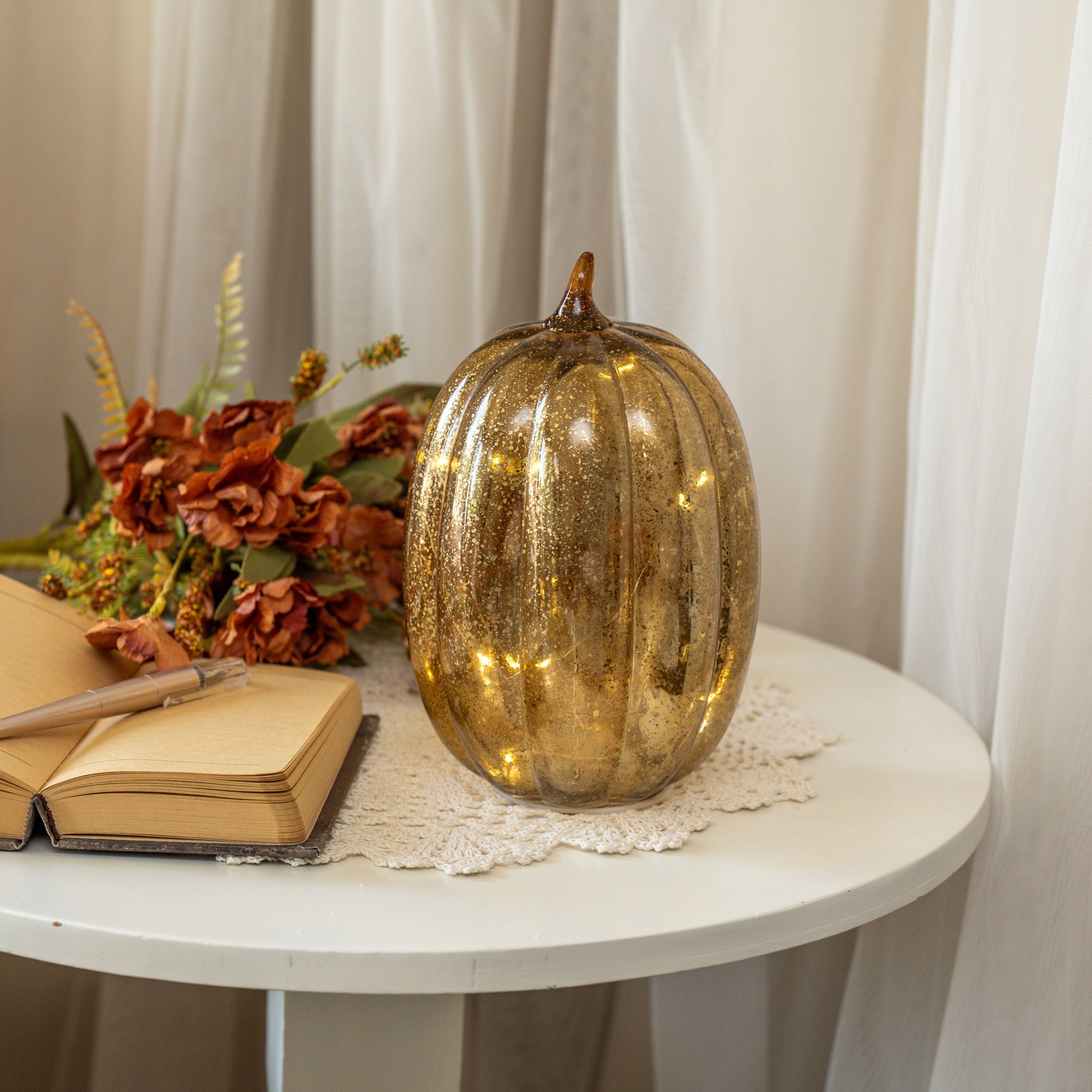 8.5" GOLD CRACKLE GLASS LED PUMPKIN