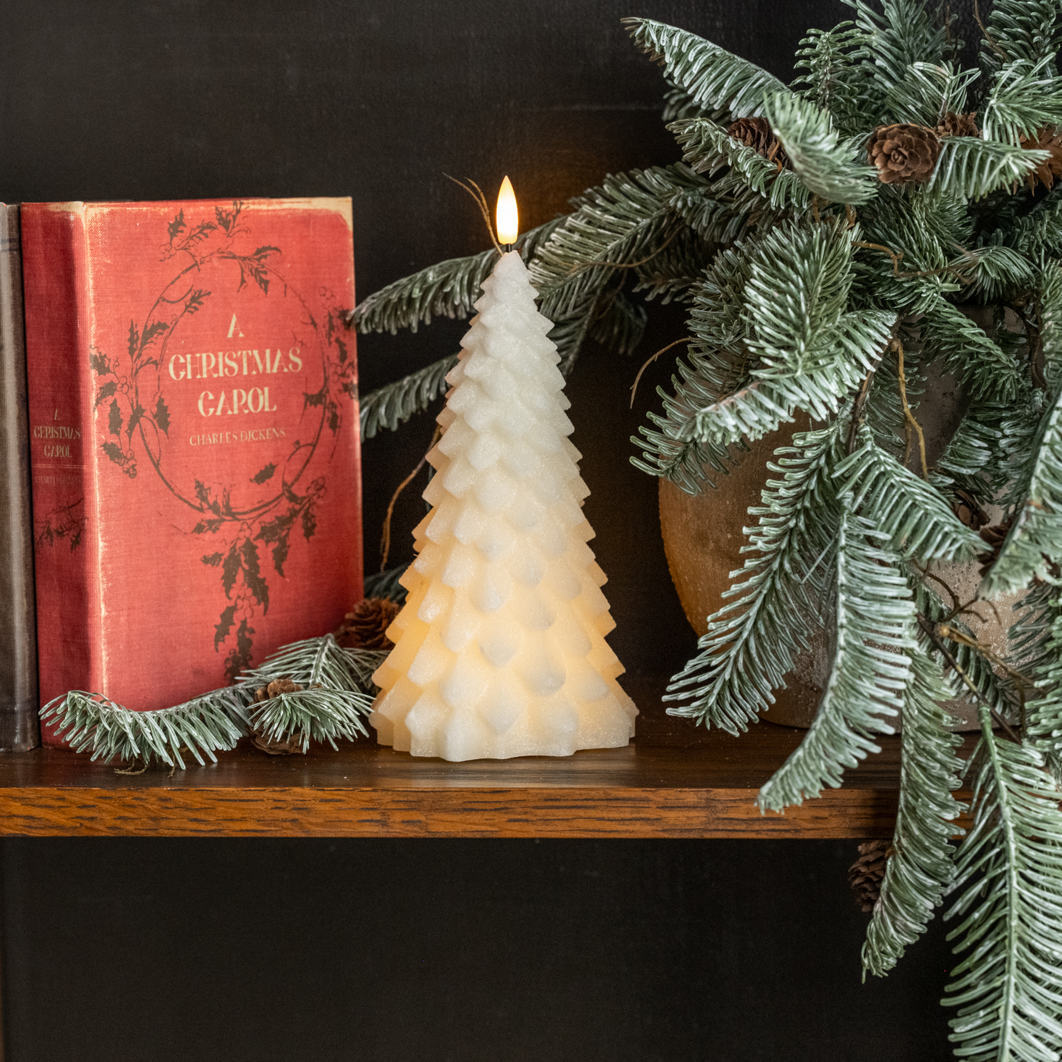 9" CREAM SHIMMER 3D FLAME FIR TREE CANDLE