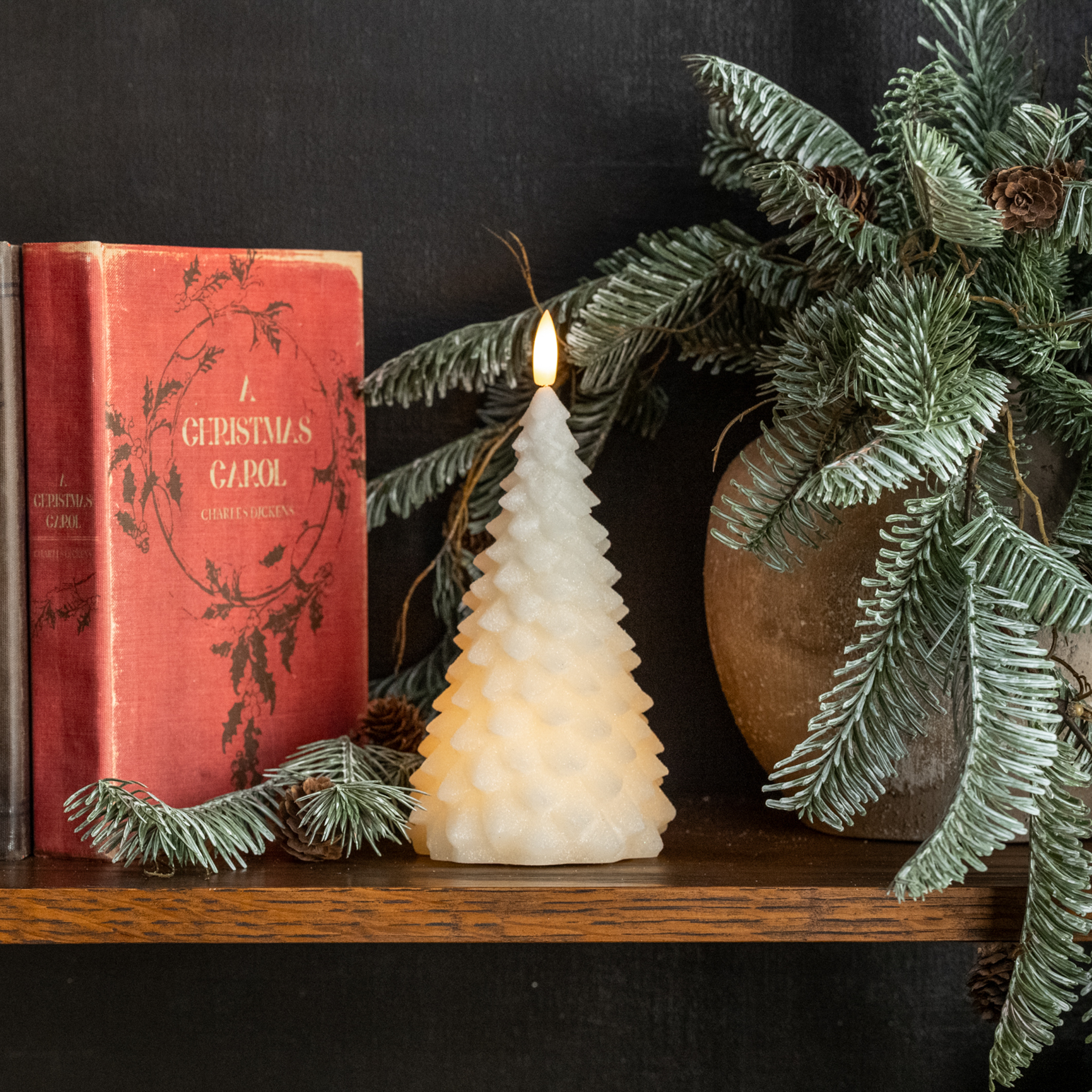 7.5" CREAM SHIMMER 3D FLAME FIR TREE CANDLE