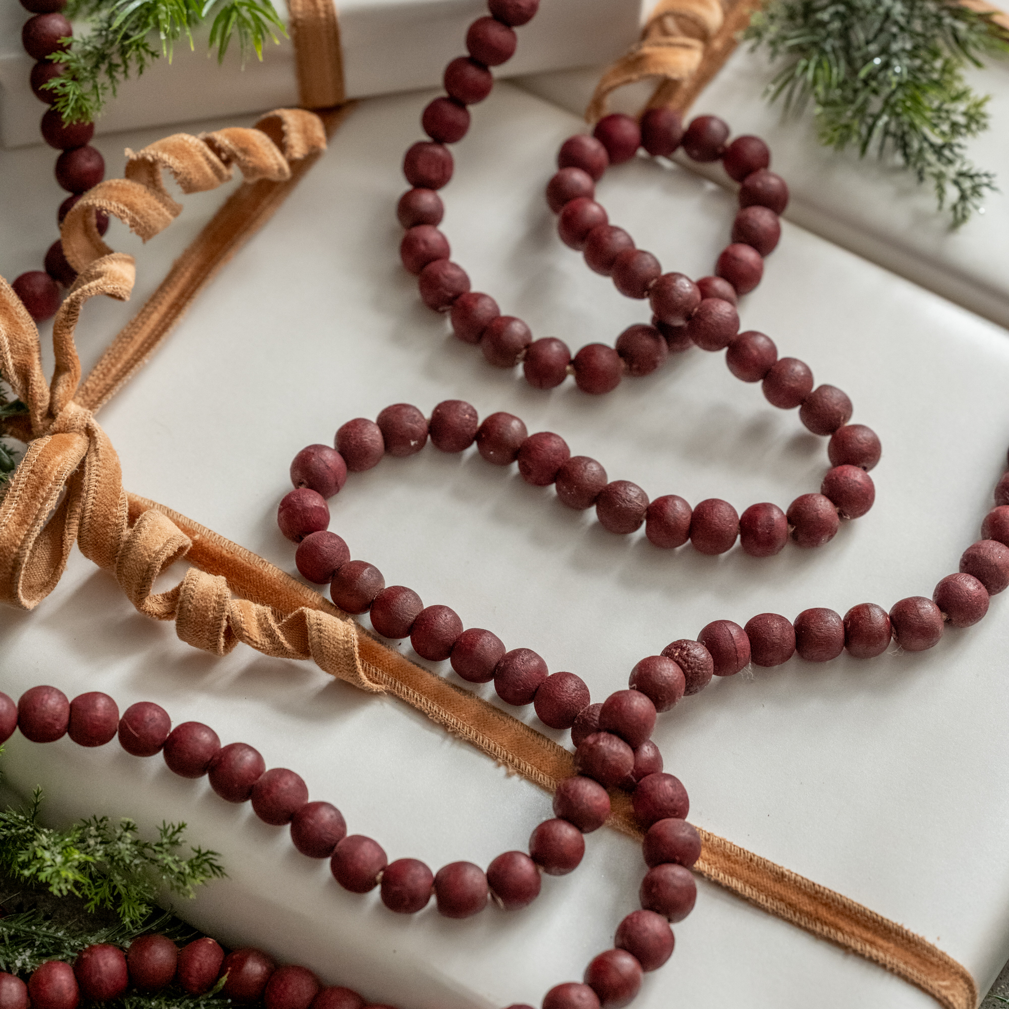 9' SMALL ROUND BURGUNDY WOOD BEAD GARLAND
