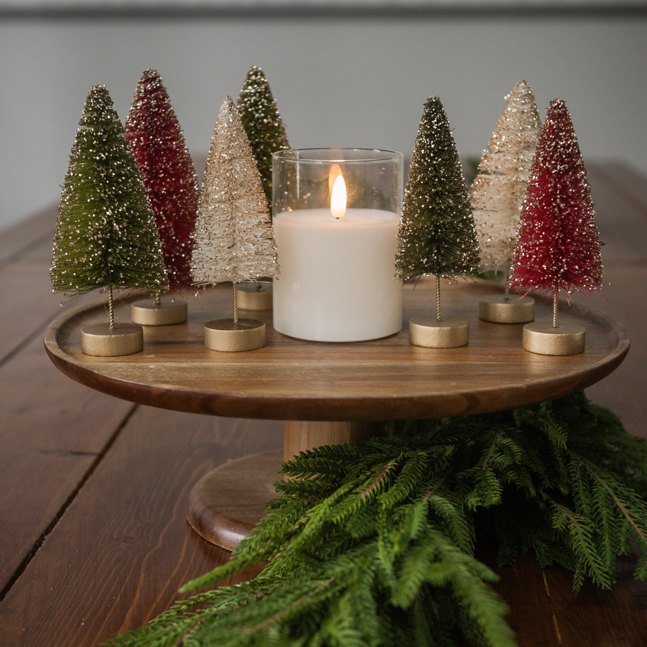 SET/ 7 MEDIUM GLITTERED HOLIDAY BOTTLEBRUSH TREES
