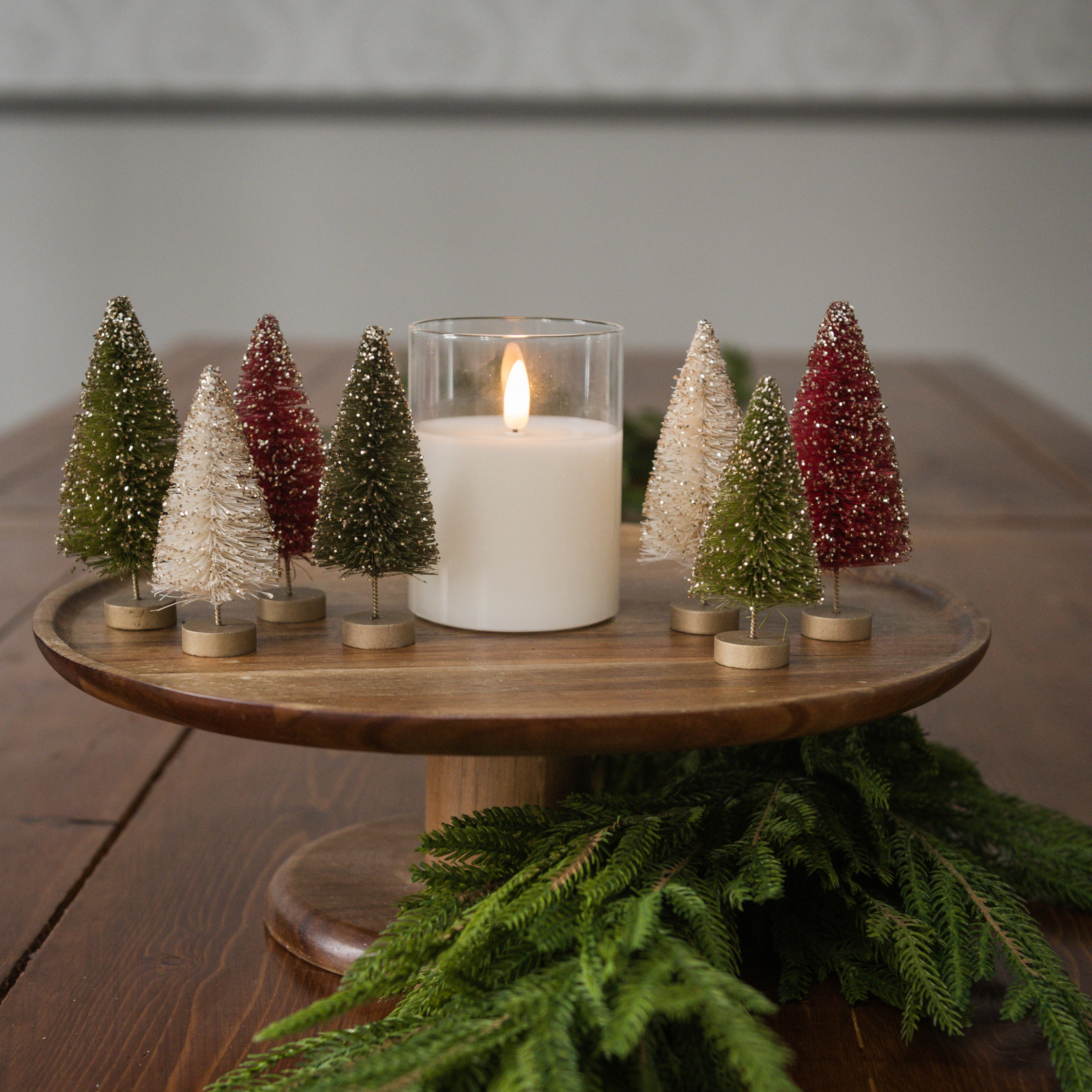 SET/ 7 SMALL GLITTERED HOLIDAY BOTTLEBRUSH TREES