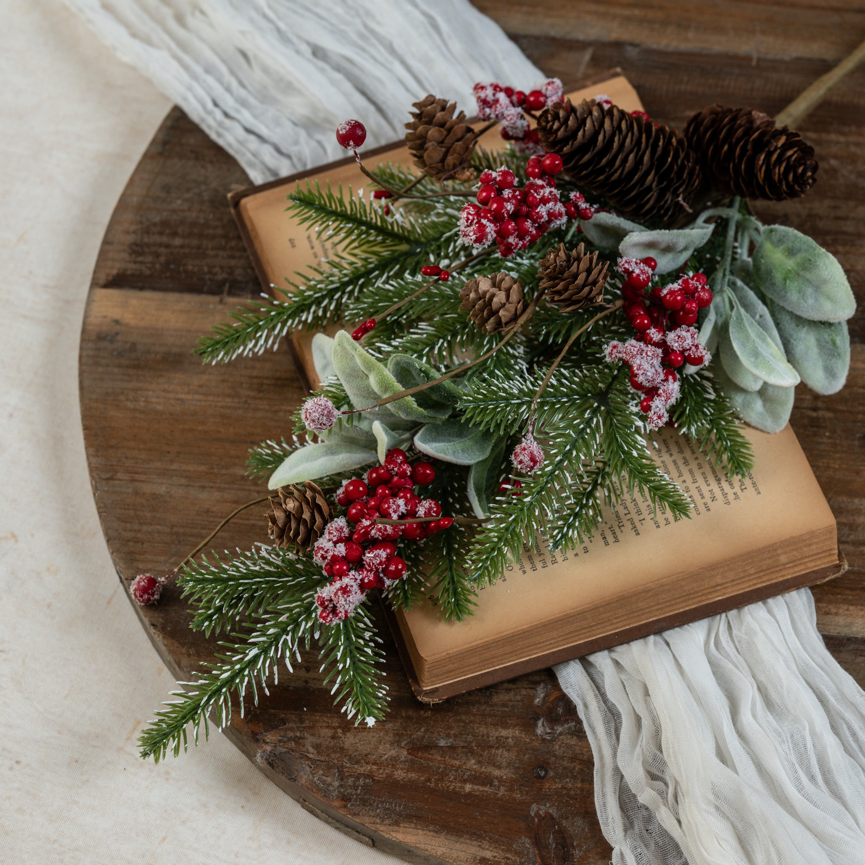 26" SNOWY PINE, LAMB'S EAR & RED BERRY PICK