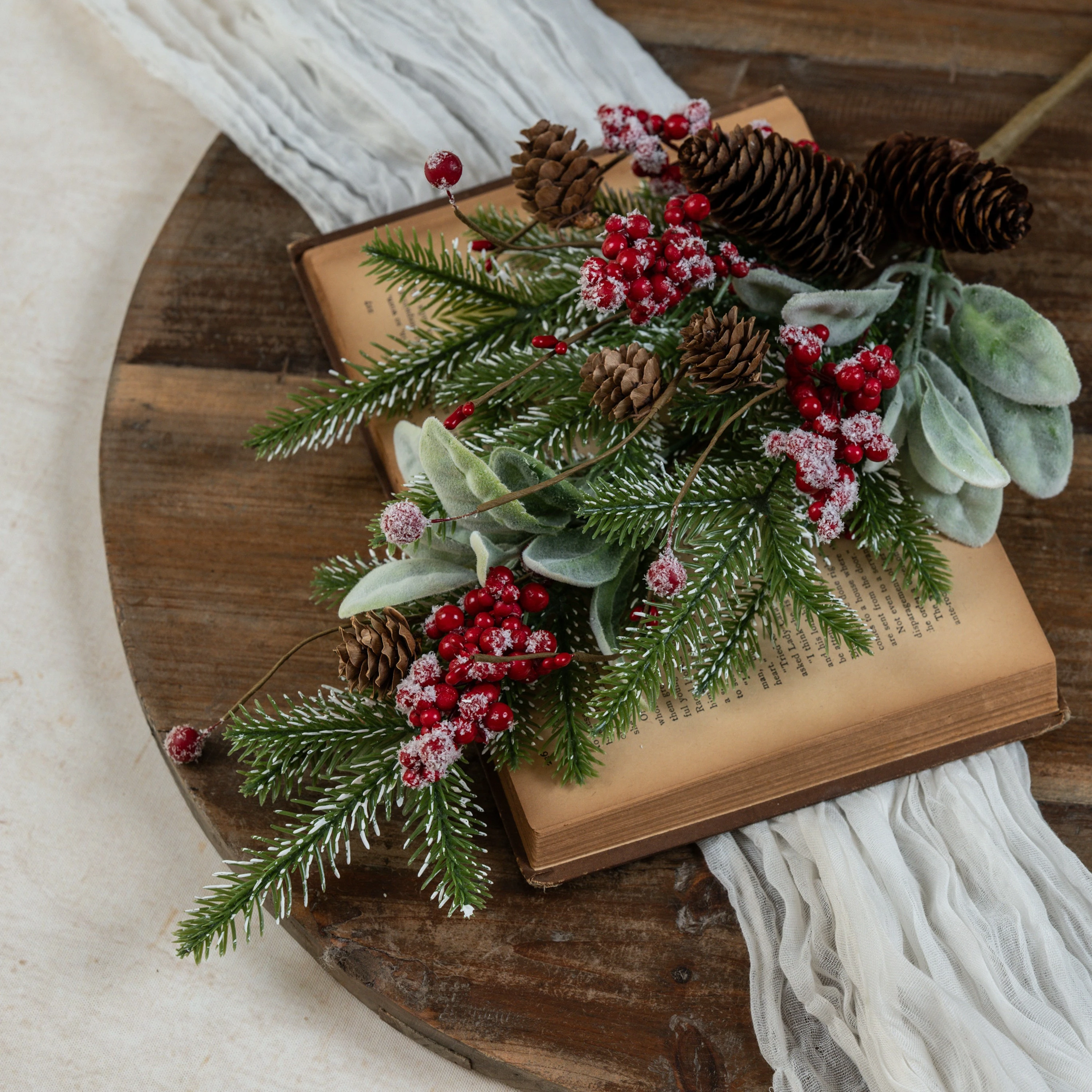 26" SNOWY PINE, LAMB'S EAR & RED BERRY PICK
