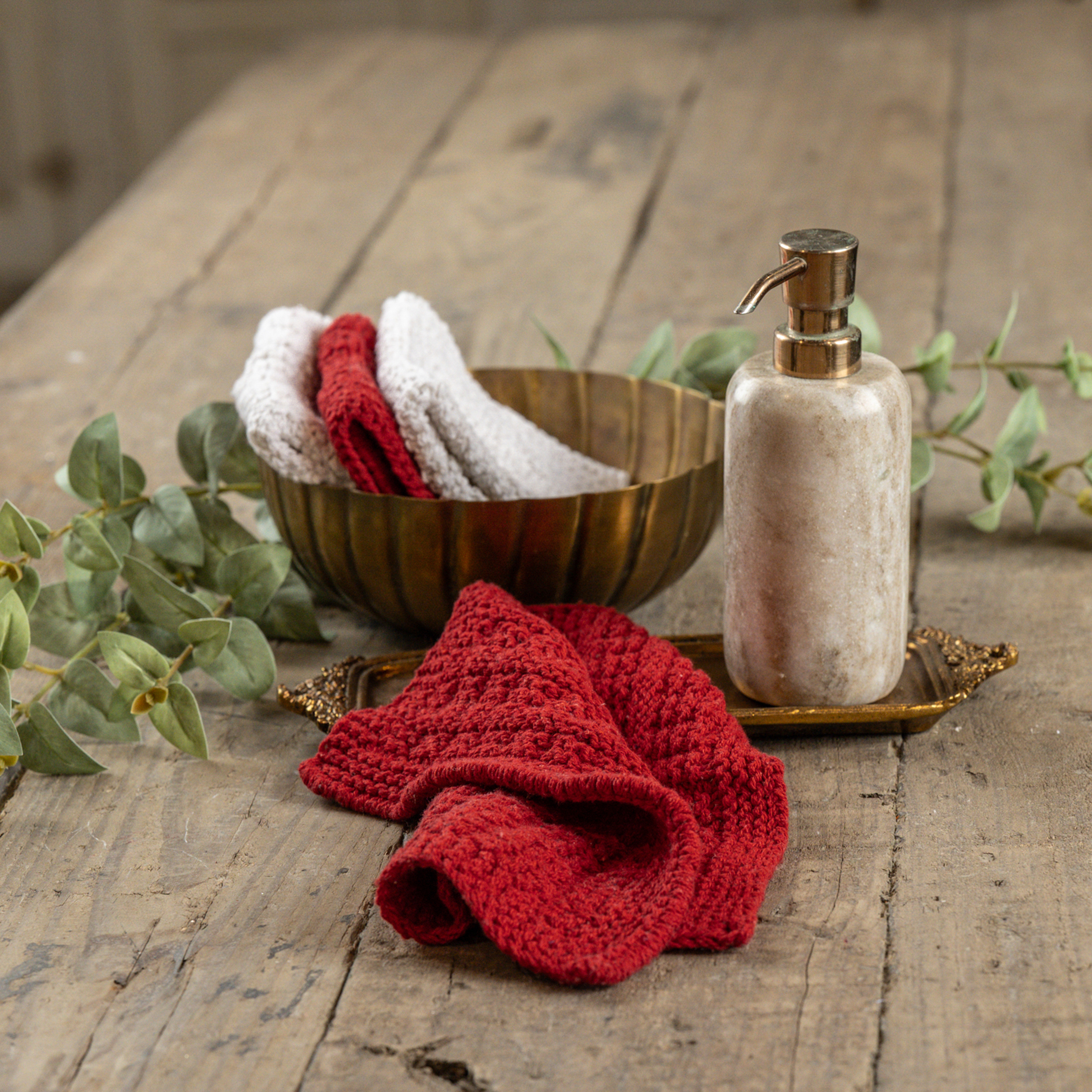 SET/4 RED & WHITE KNIT WASHCLOTHS