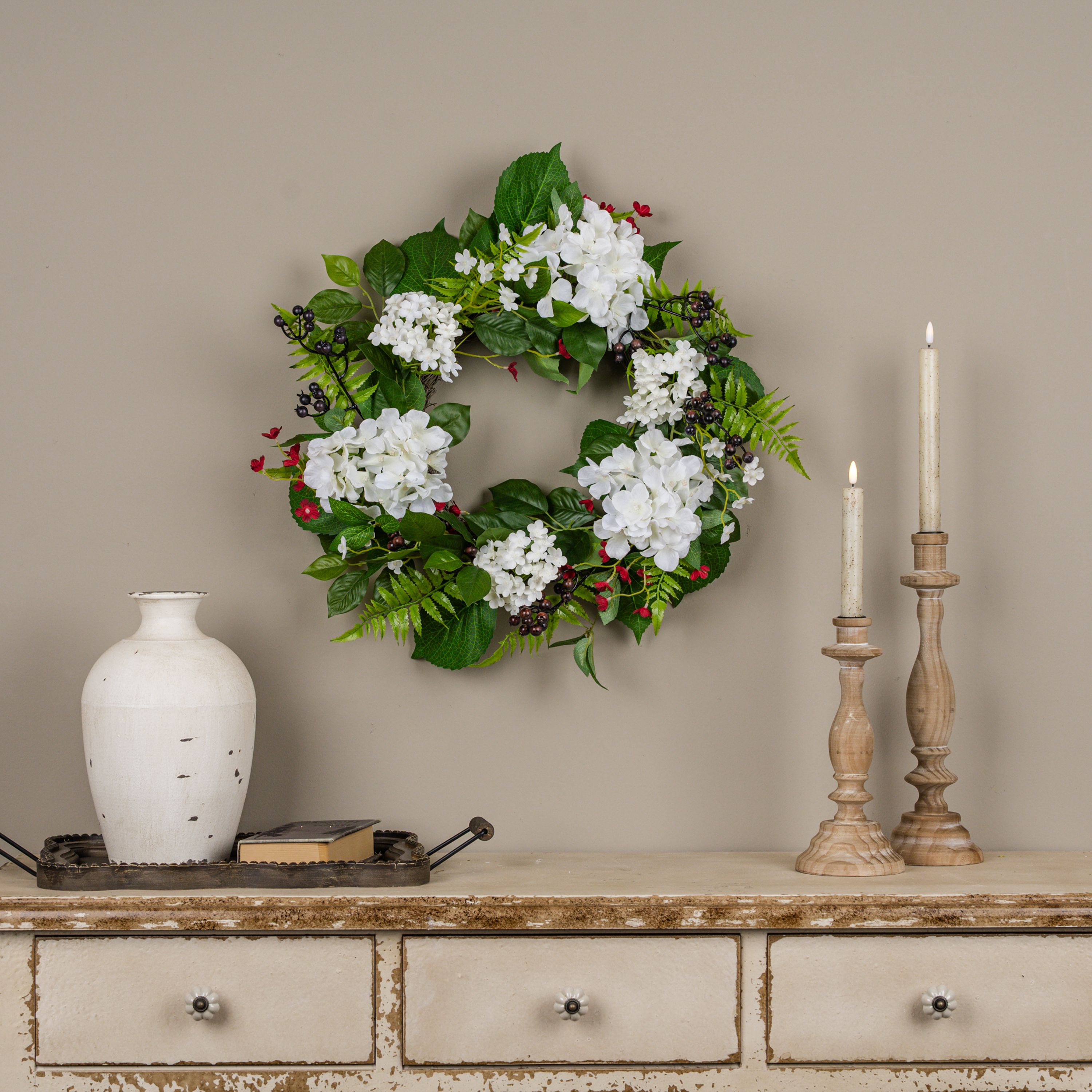 21" RED, WHITE & BLUE BERRY & HYDRANGEA WREATH