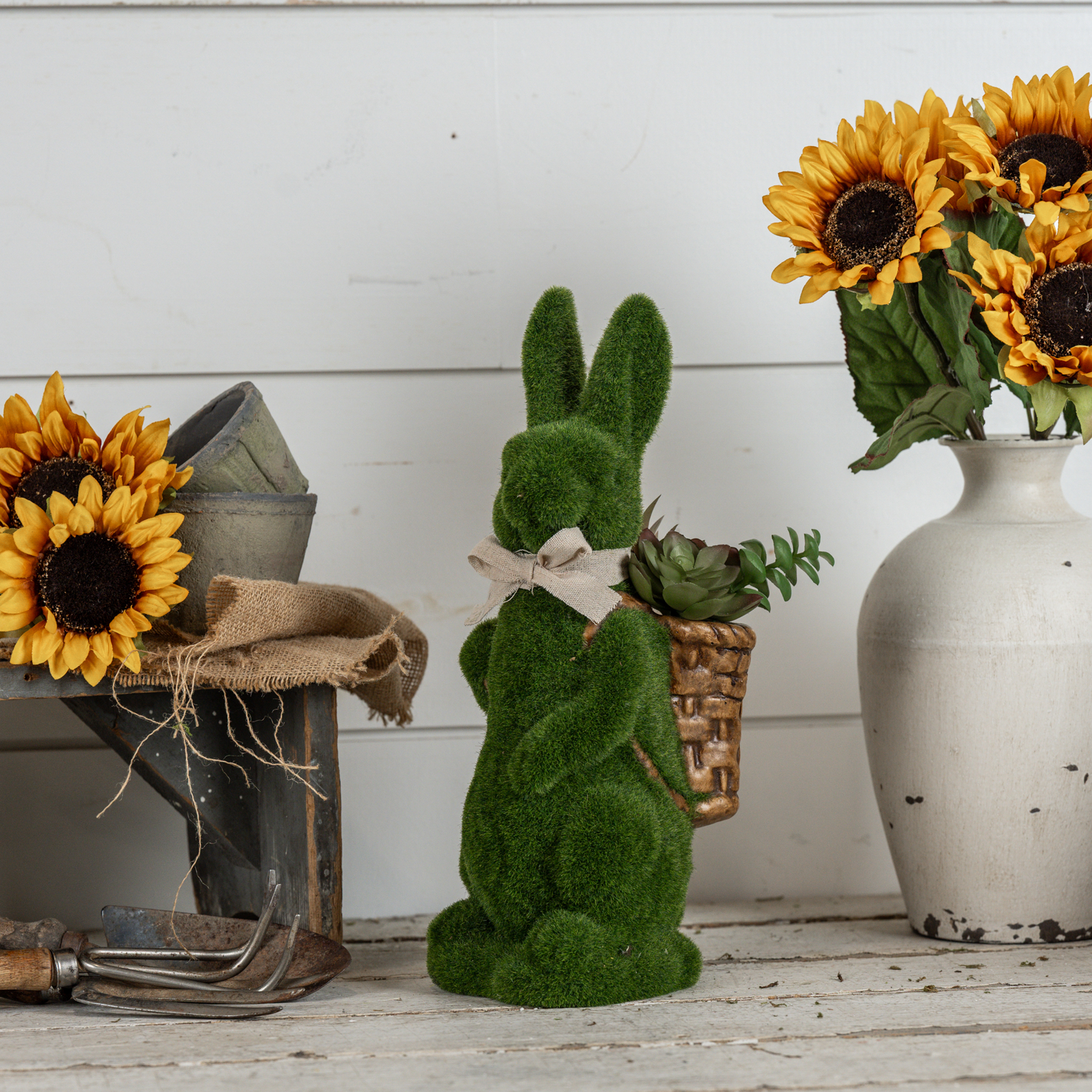 15" FLOCKED MOSS BUNNY W/ BASKET