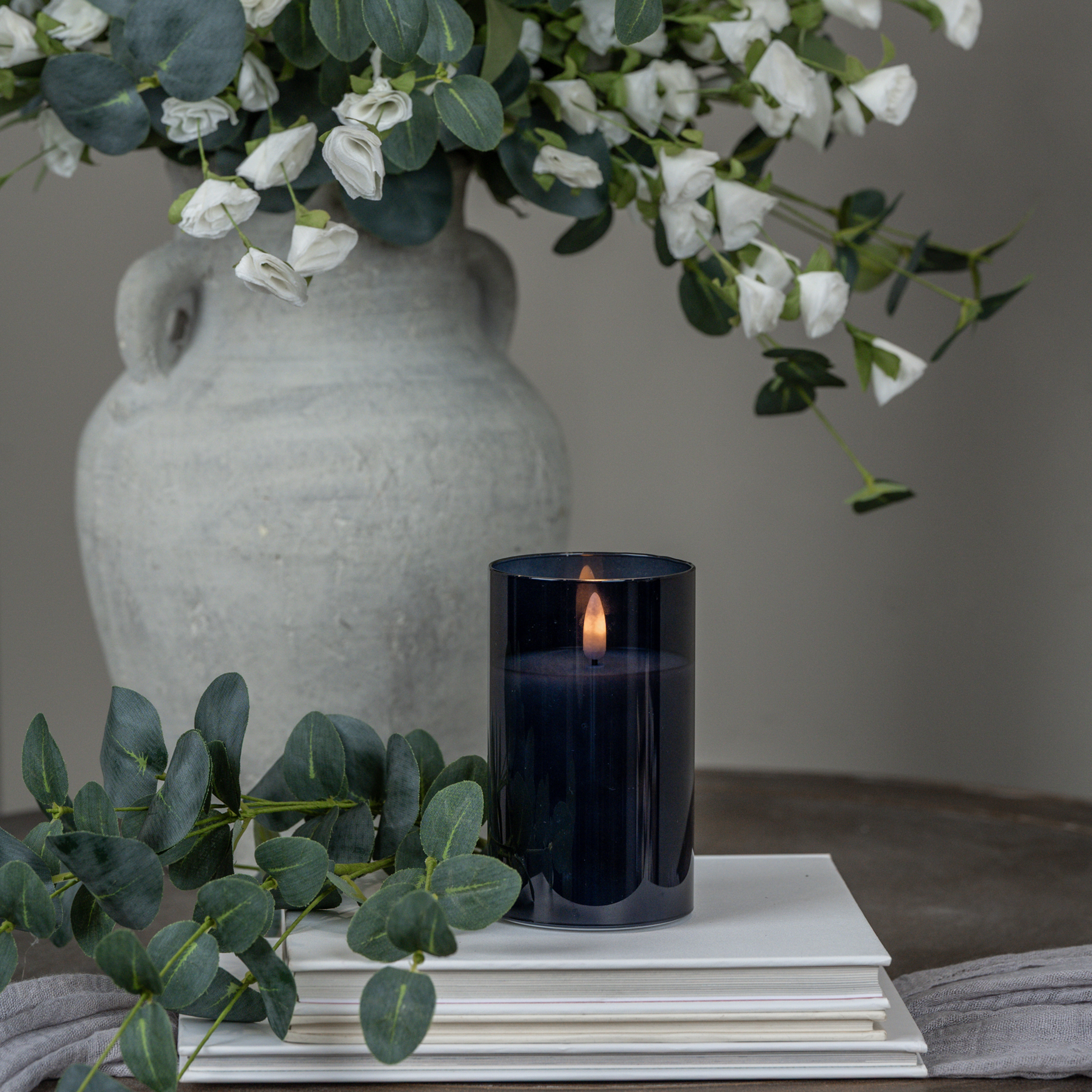 5" NAVY GLASS 3D FLAME CANDLE