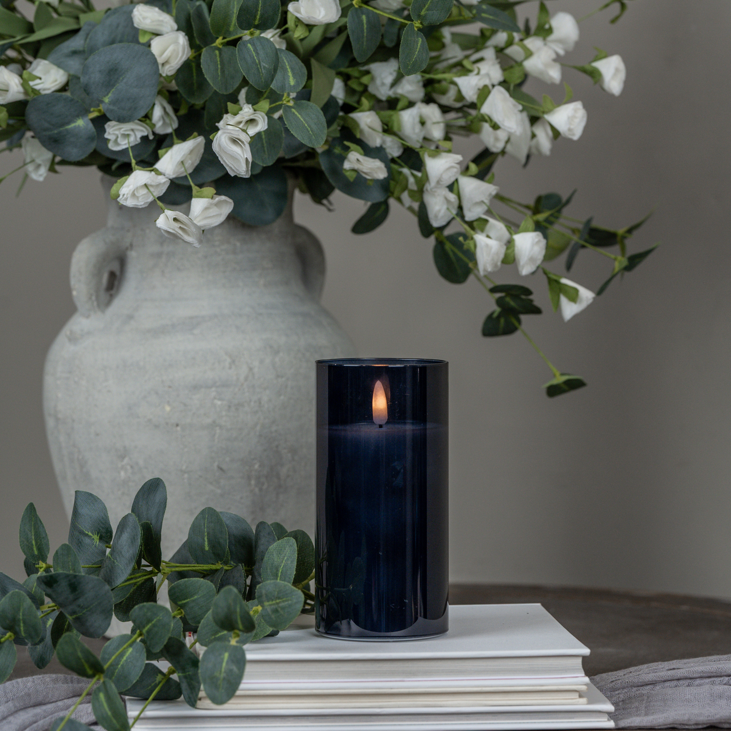 6" NAVY GLASS 3D FLAME CANDLE