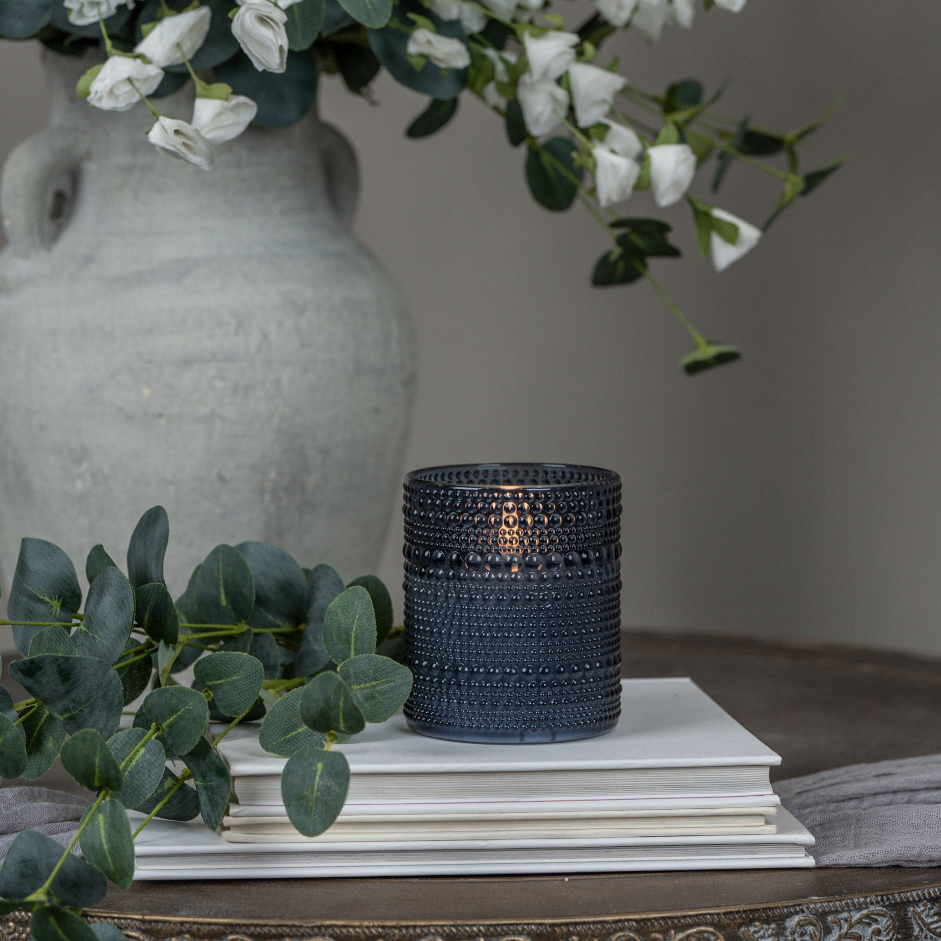4" NAVY DOTTED GLASS 3D FLAME CANDLE