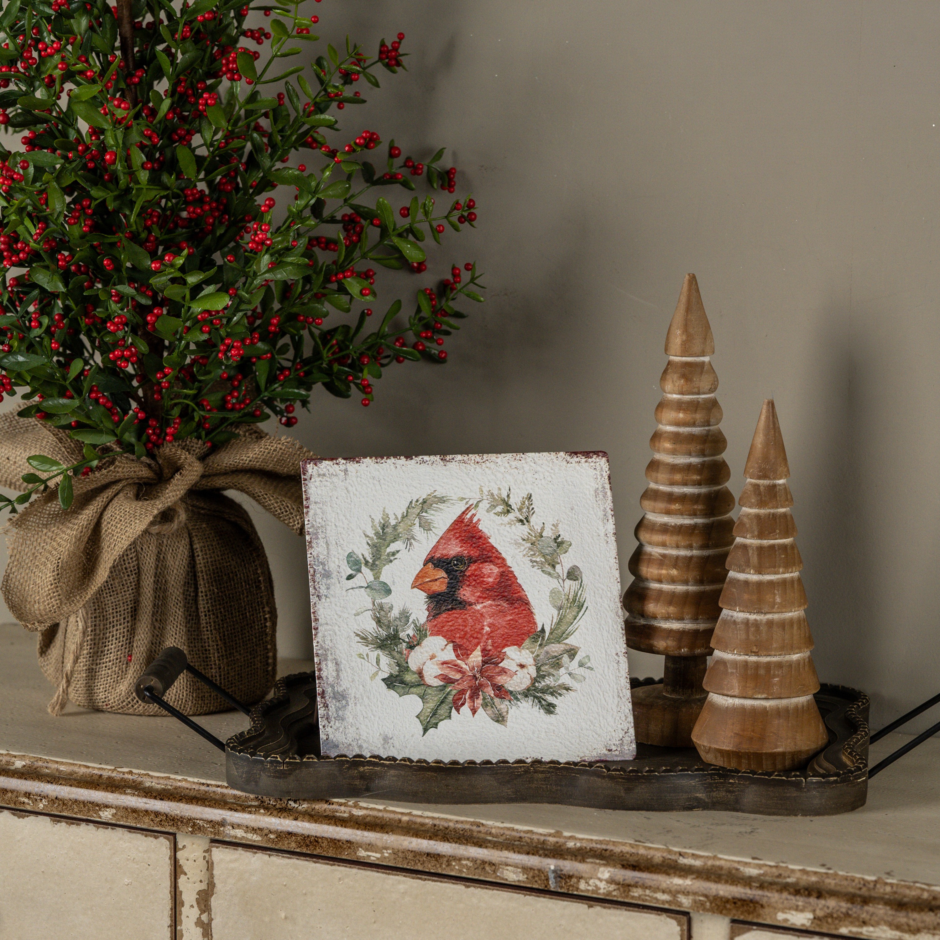 8" CARDINAL WREATH TABLETOP SIGN