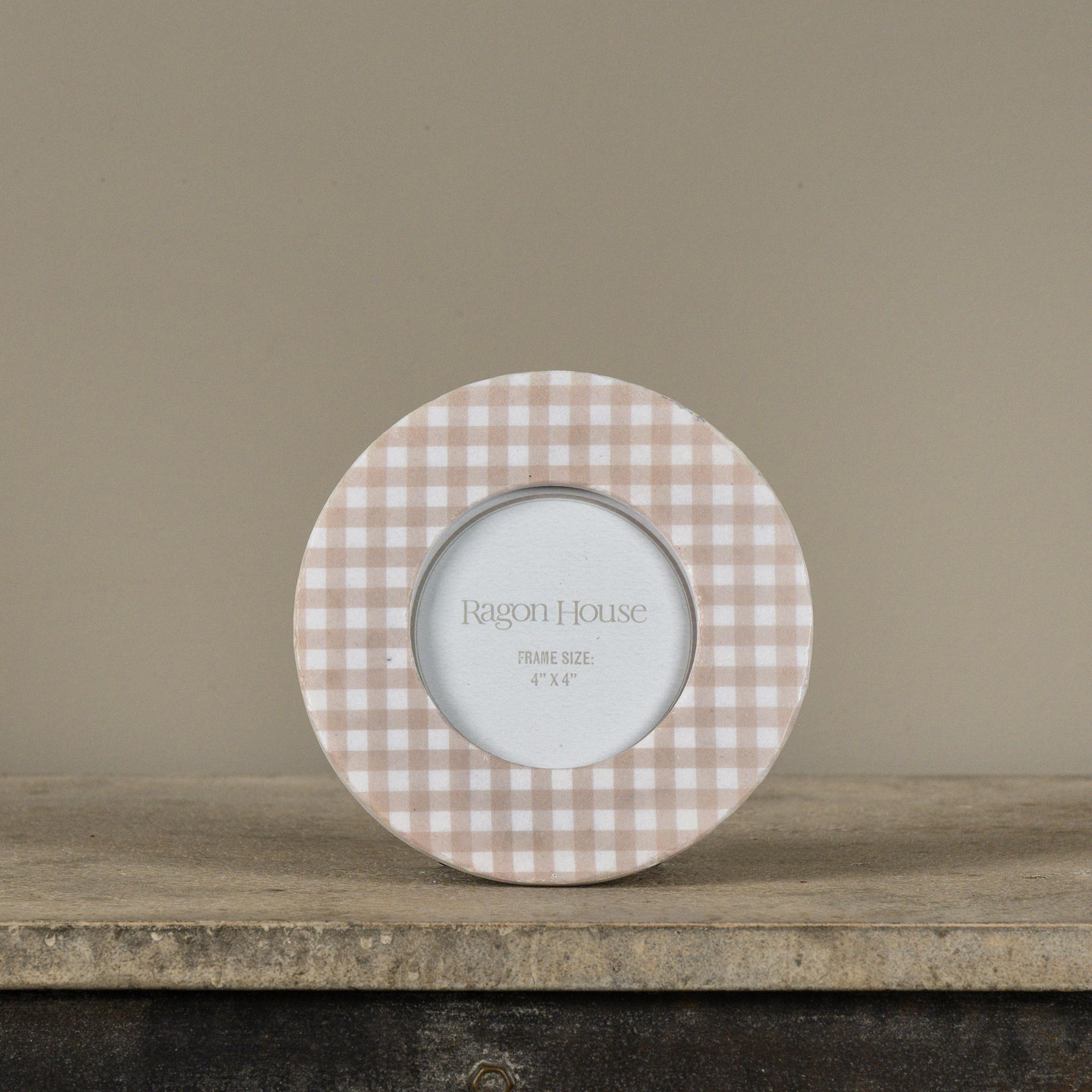 4" ROUND BEIGE GINGHAM PHOTO FRAME