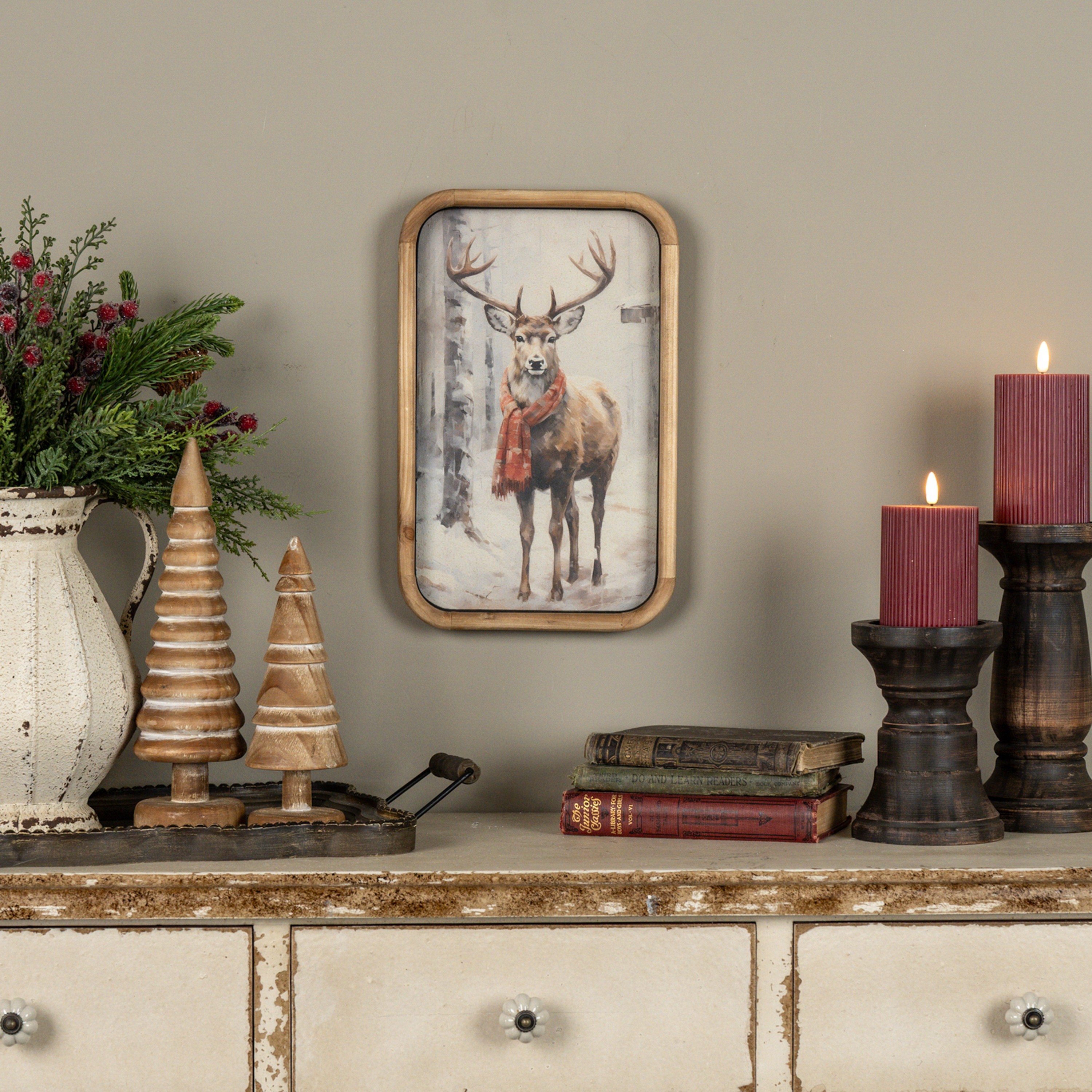 14" BUNDLED UP DEER FRAMED PRINT