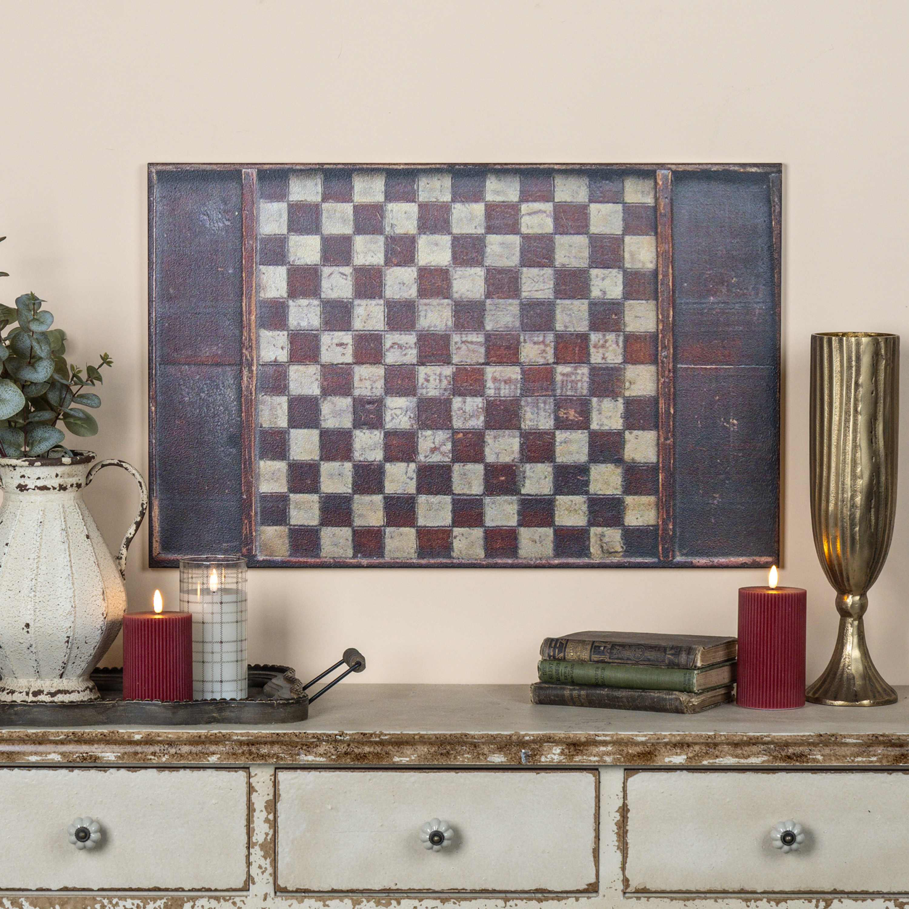 28" X 18" VINTAGE WOODEN CHECKERBOARD PRINT