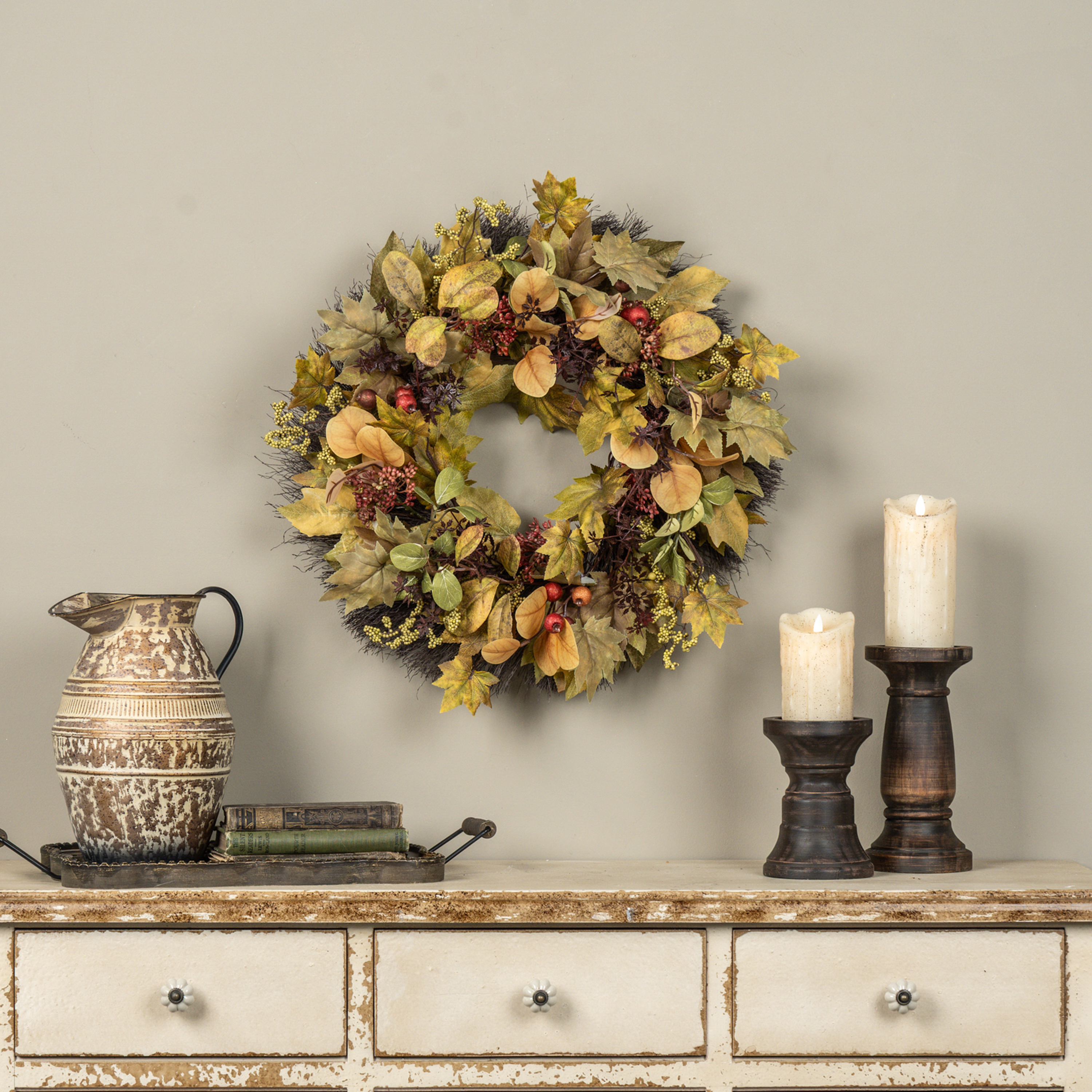 22" MAPLE LEAF, EUCALYPTUS & BERRY WREATH