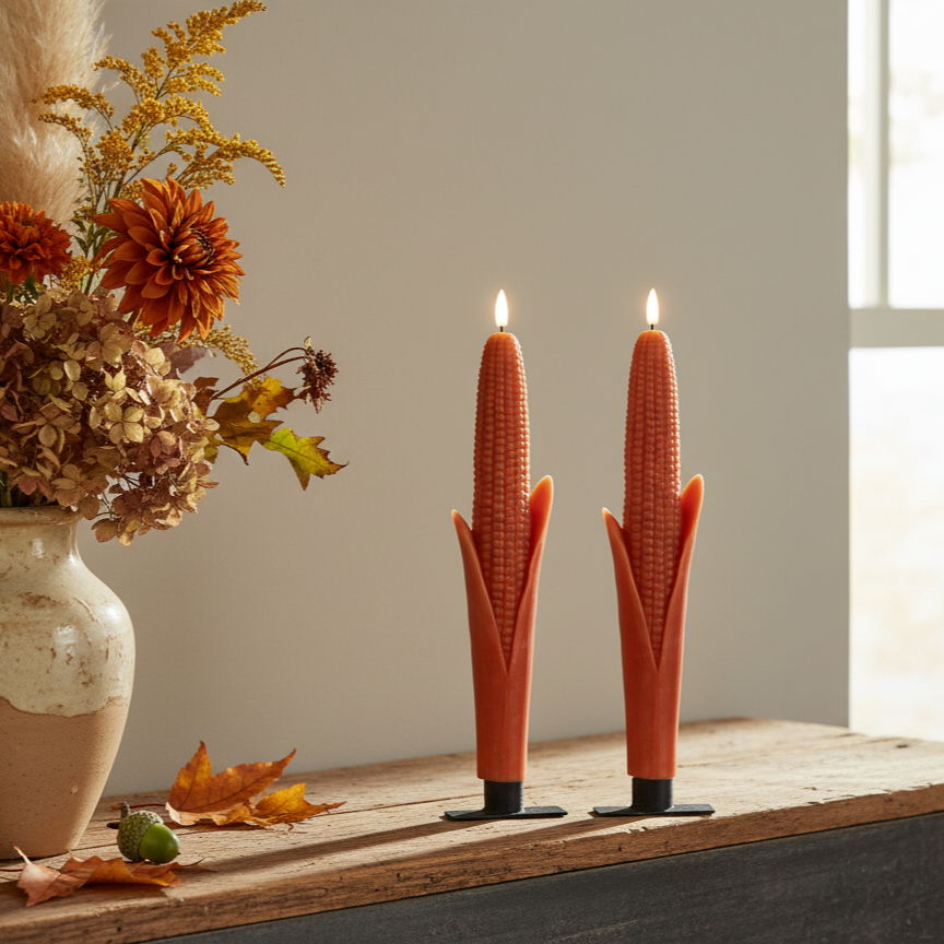 SET/2 - 12" 3D FLAME ORANGE CORN TAPER CANDLES