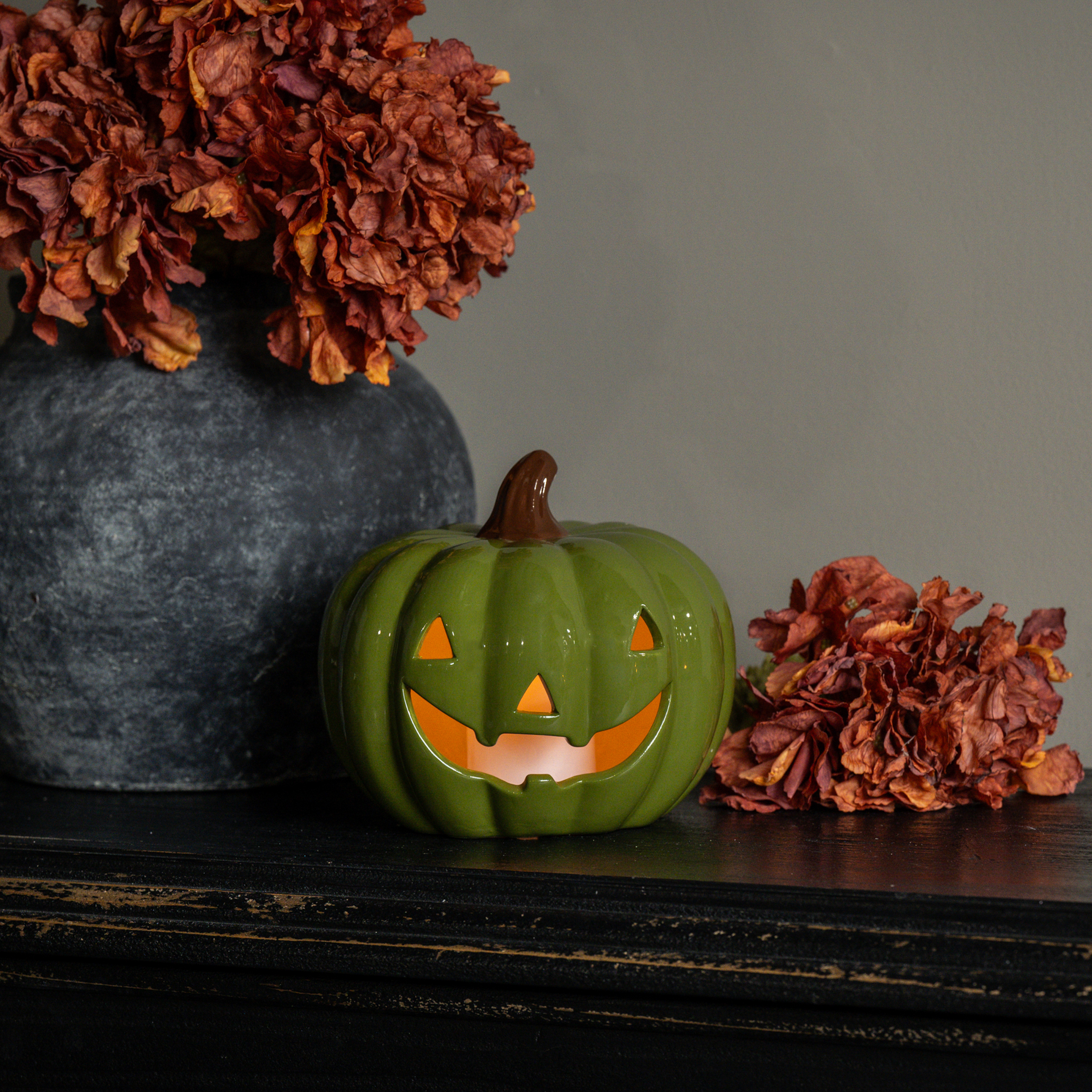 6.25" GREEN CERAMIC LED PUMPKIN