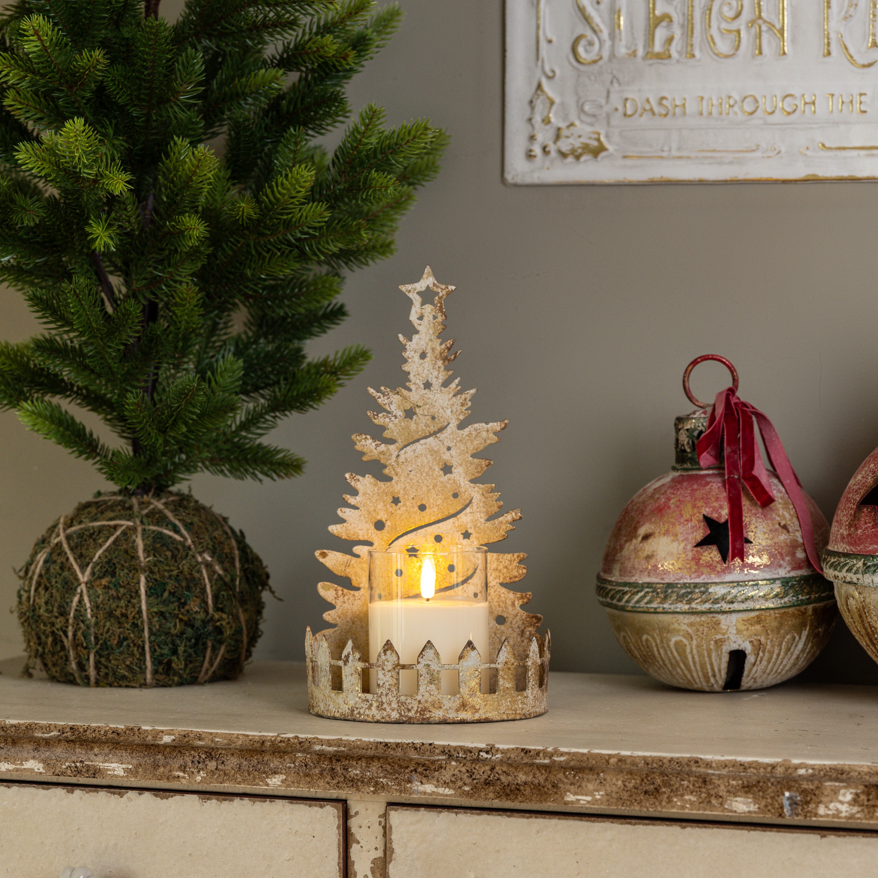 11.25" GOLD CHRISTMAS TREE PILLAR CANDLE HOLDER