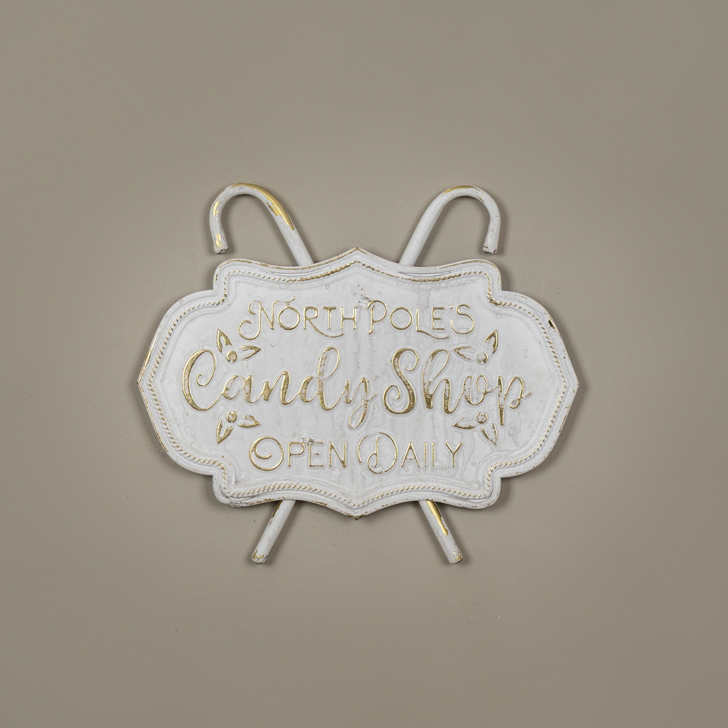 14" WHITE & GOLD CANDY CANE SHOP PLAQUE
