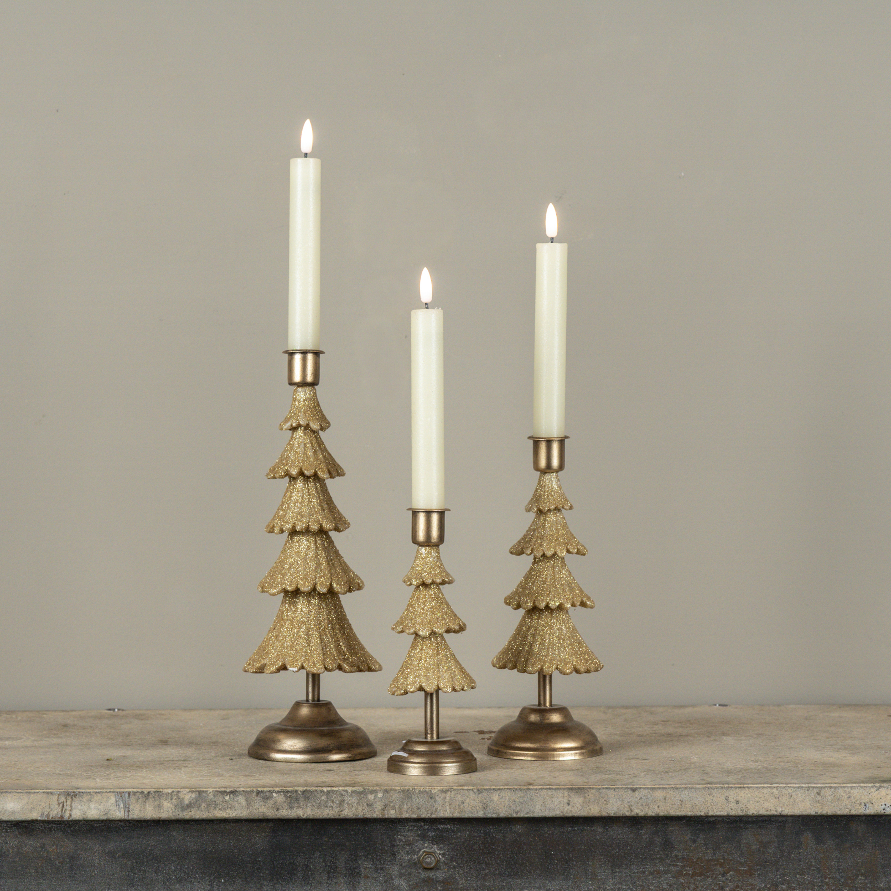 SET/ 3 GOLD TREE TAPER CANDLE HOLDERS