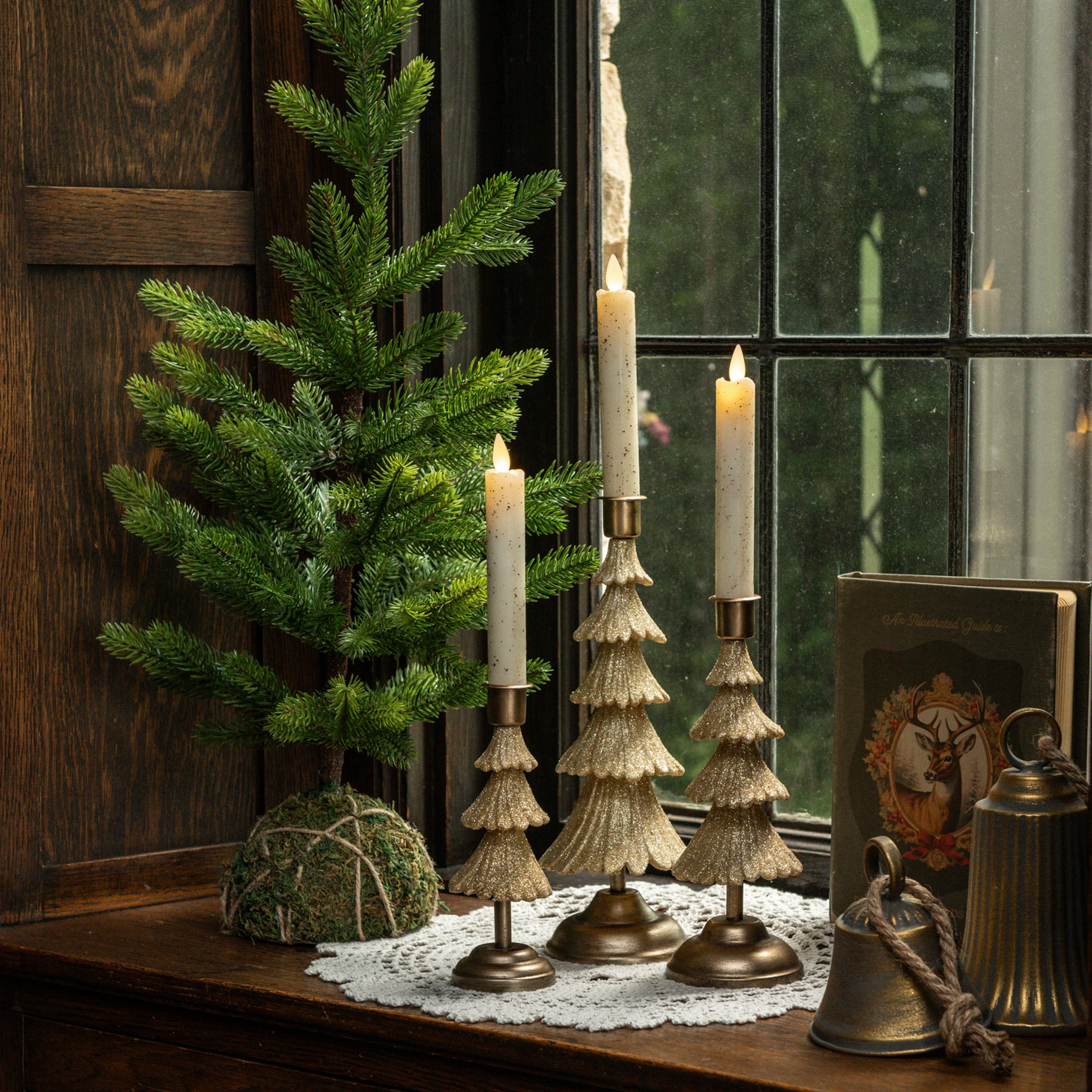 SET/ 3 GOLD TREE TAPER CANDLE HOLDERS