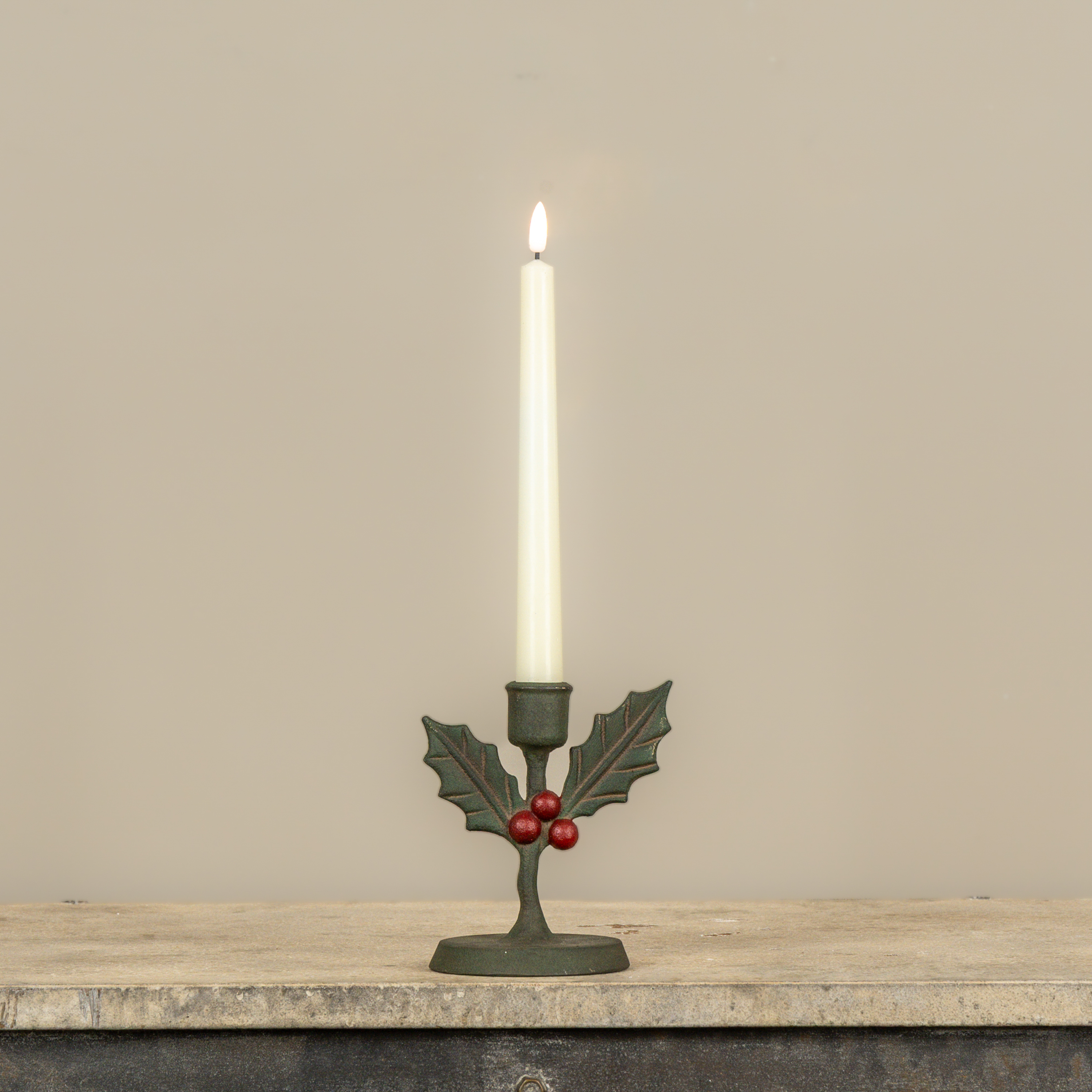 5.5" HOLLY & BERRIES TAPER CANDLE HOLDER