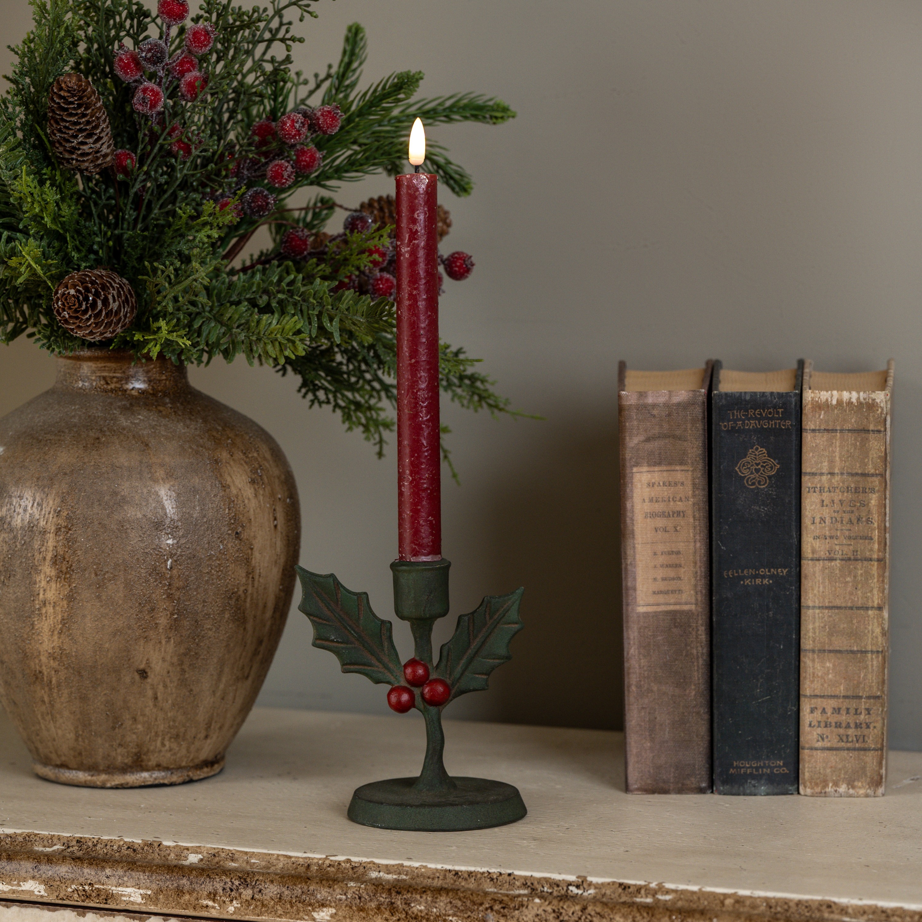 5.5" HOLLY & BERRIES TAPER CANDLE HOLDER