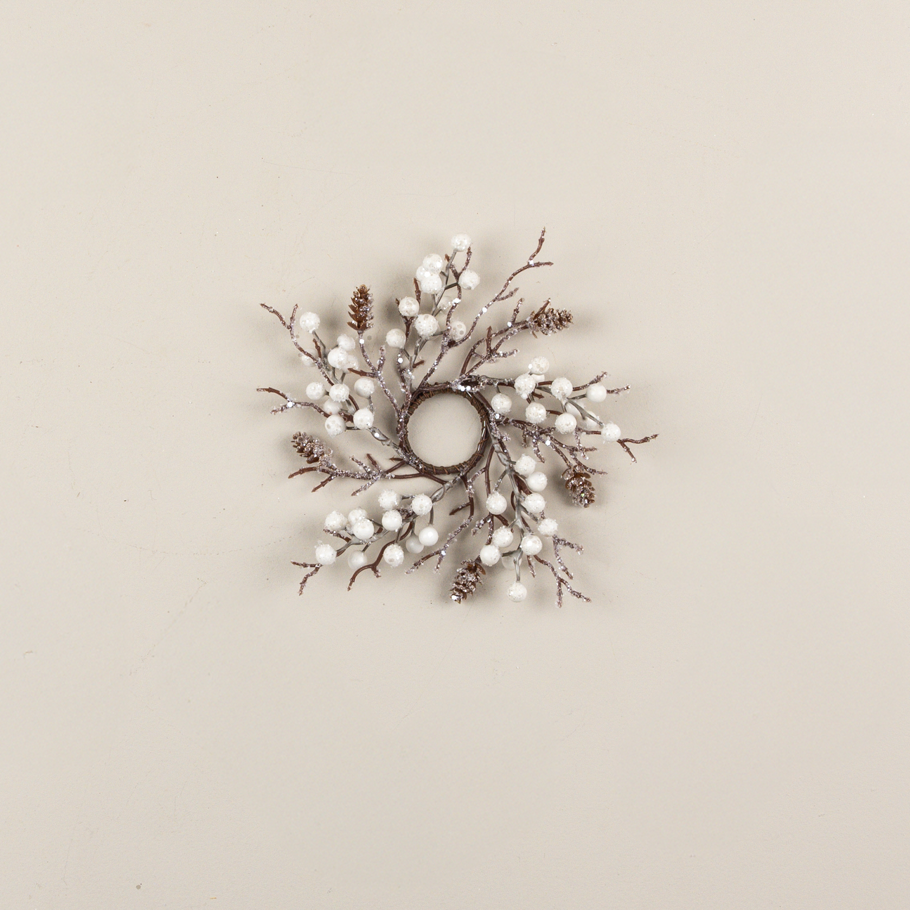 8" FROSTED TWIG & PINECONE W/ WHITE BERRIES TAPER CANDLE RING