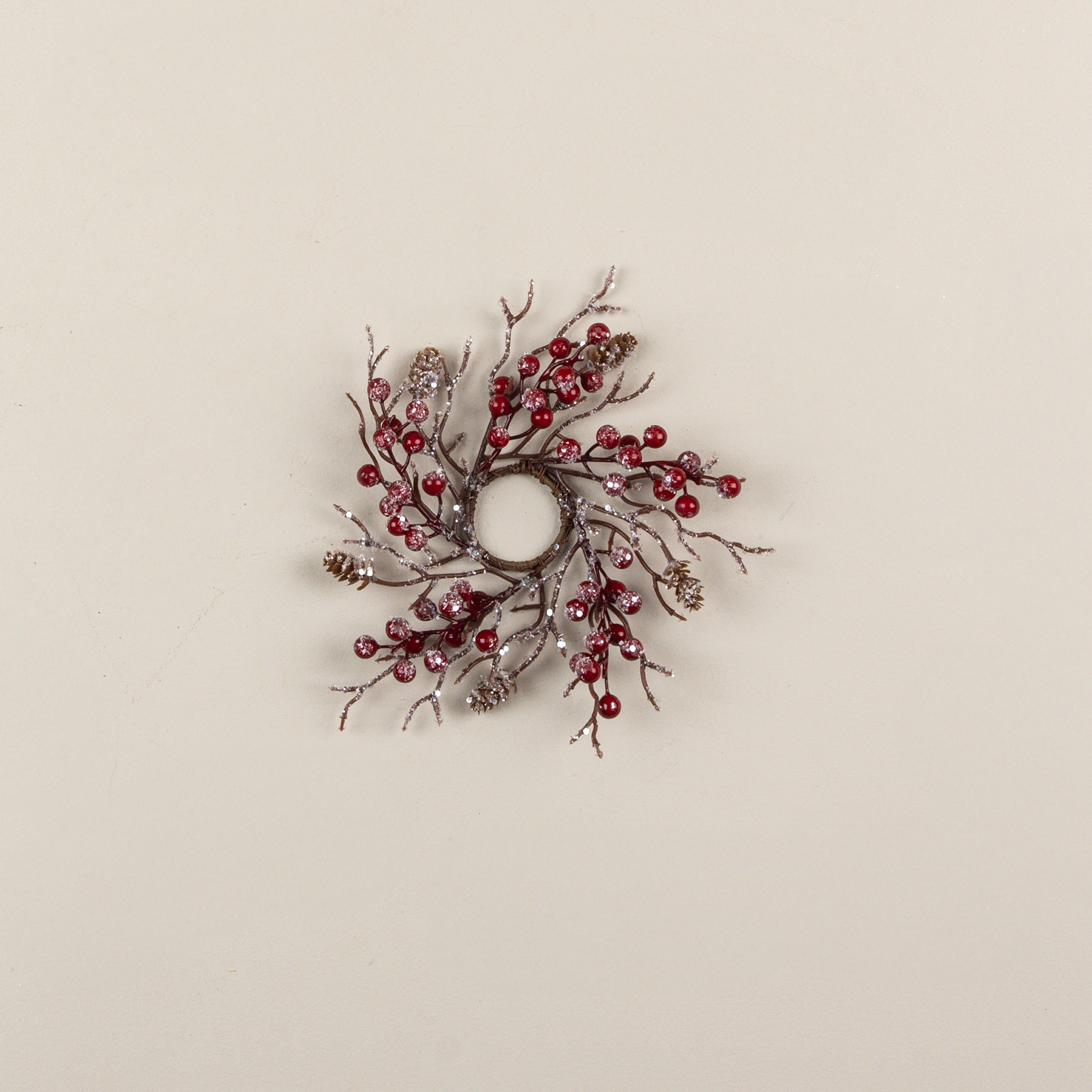 8" FROSTED TWIG & PINECONE W/ RED BERRIES TAPER CANDLE RING