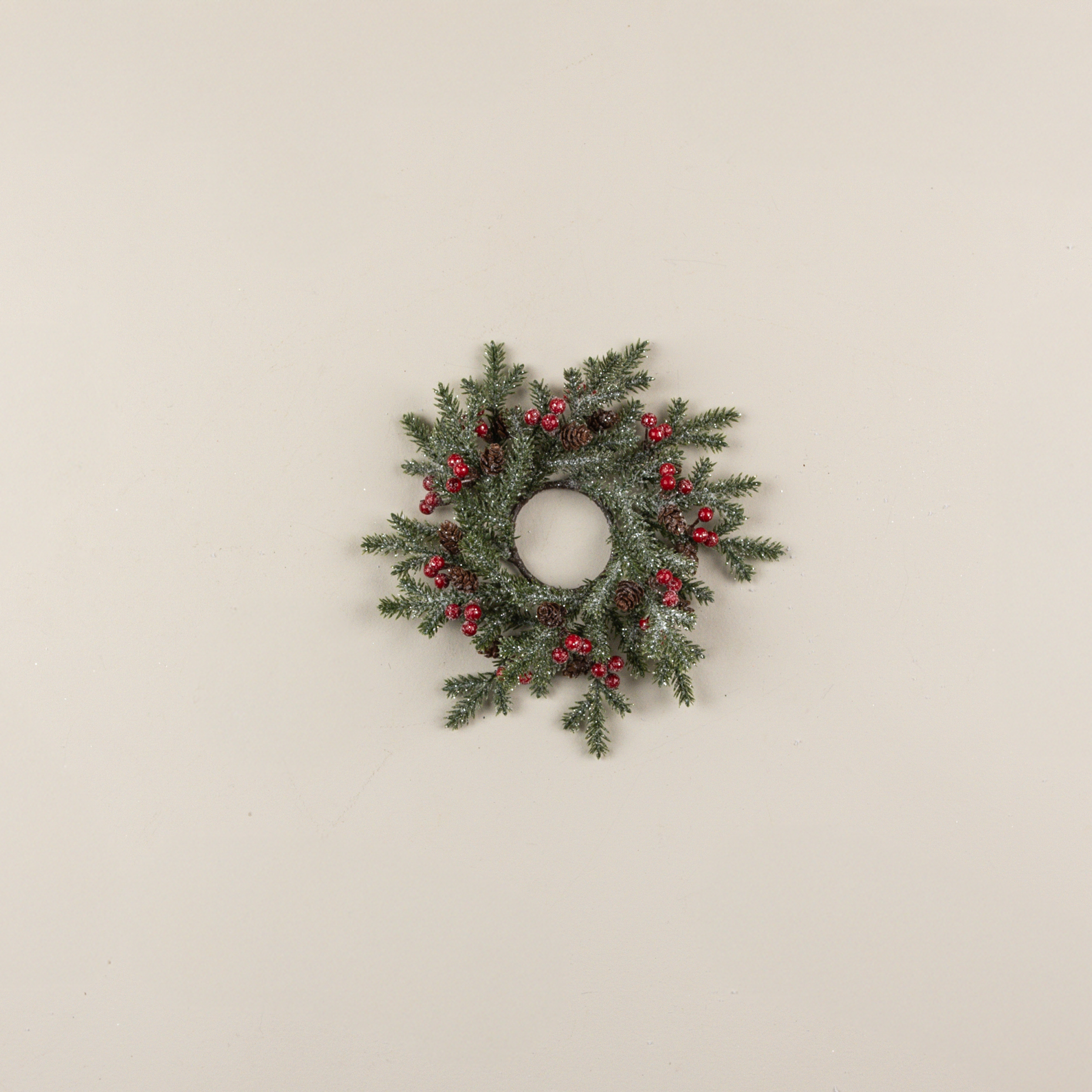 10" FROSTED PINE, RED BERRIES & PINECONE CANDLE RING