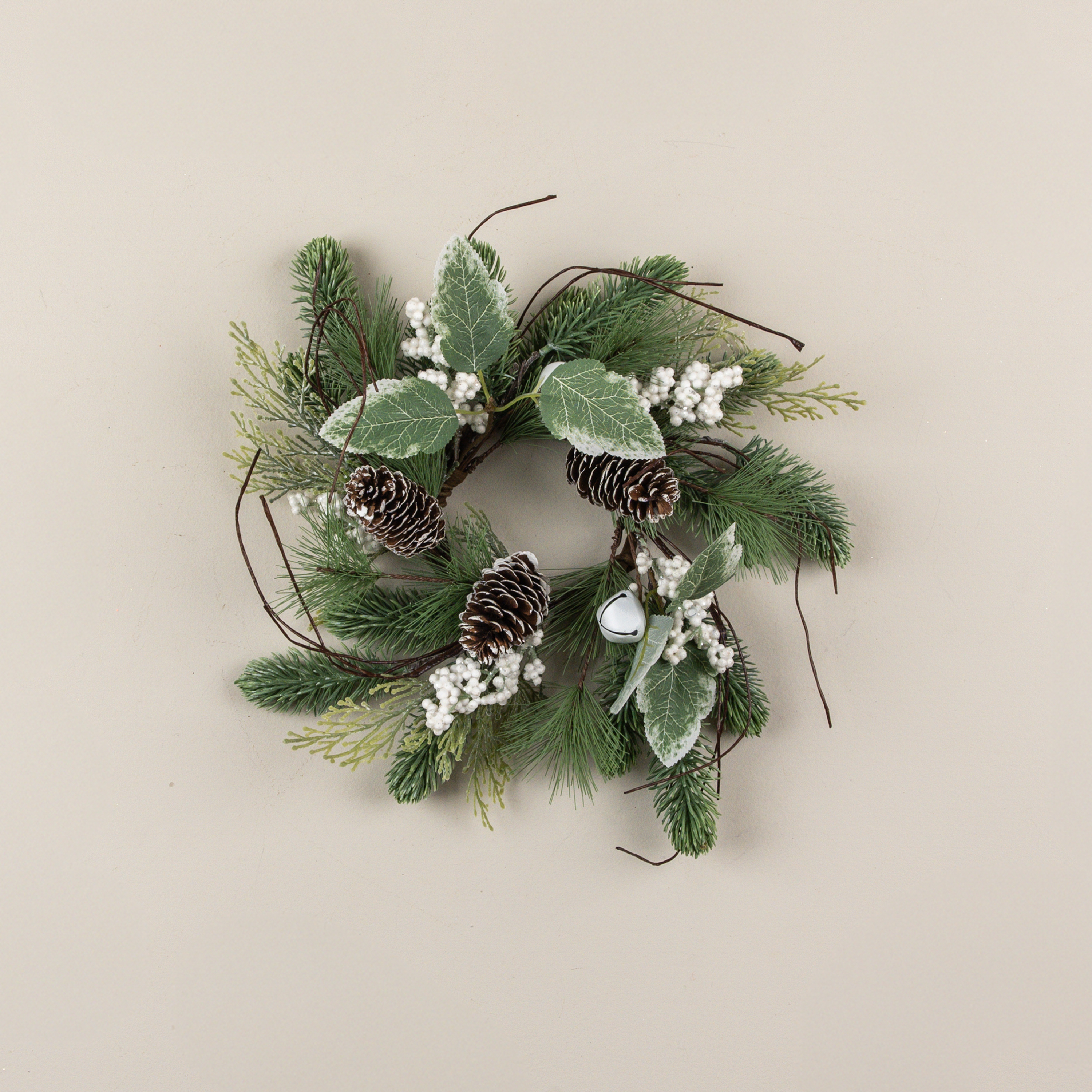 14" PINE W/ WHITE BERRIES & BELLS CANDLE RING